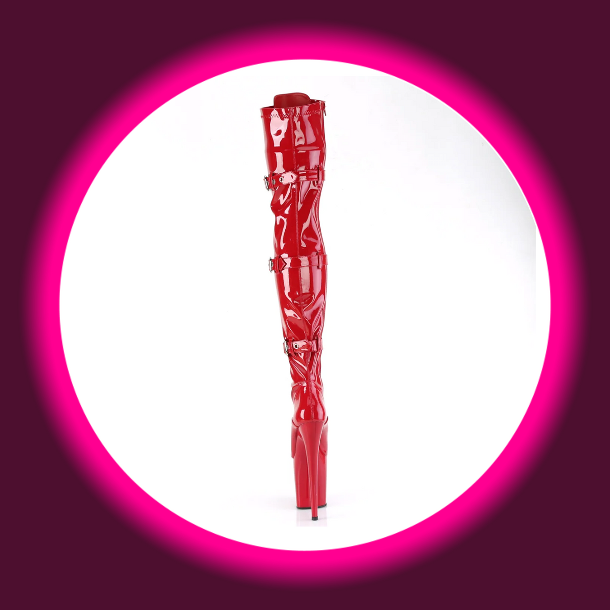 Pleaser Flamingo 3028 Overknee-Plateau-Stiefel in rotem Lack, Rückansicht mit drei umlaufenden Riemen, mittiger Rückennaht und schlankem Stilettoabsatz