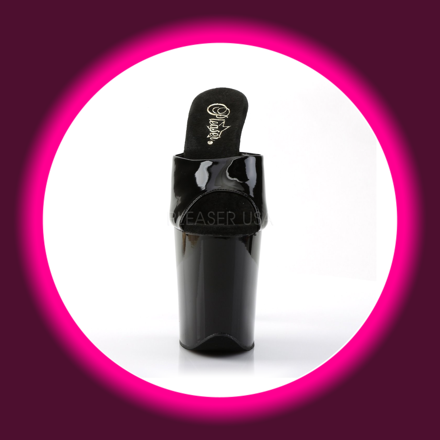 Frontansicht schwarze Plateau-Pantolette mit sehr hohem Absatz und schwarzer Innensohle, Pleaser Flamingo 801