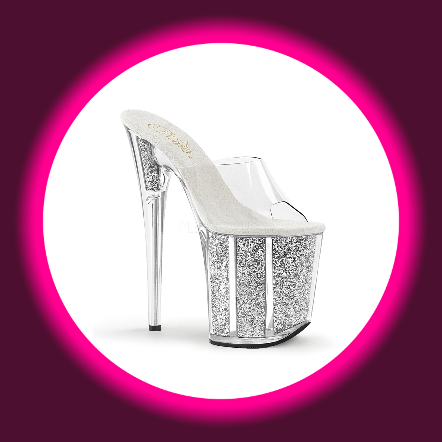 Winkelansicht glitzernde Plateau-Pantolette mit sehr hohem Absatz, Pleaser Flamingo 801