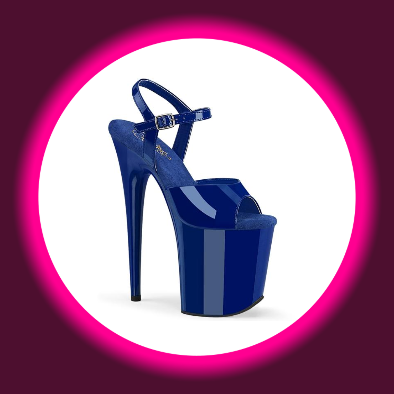 Winkelansicht blaue Plateau Sandale mit sehr hohem Absatz, Pleaser Flamingo 809