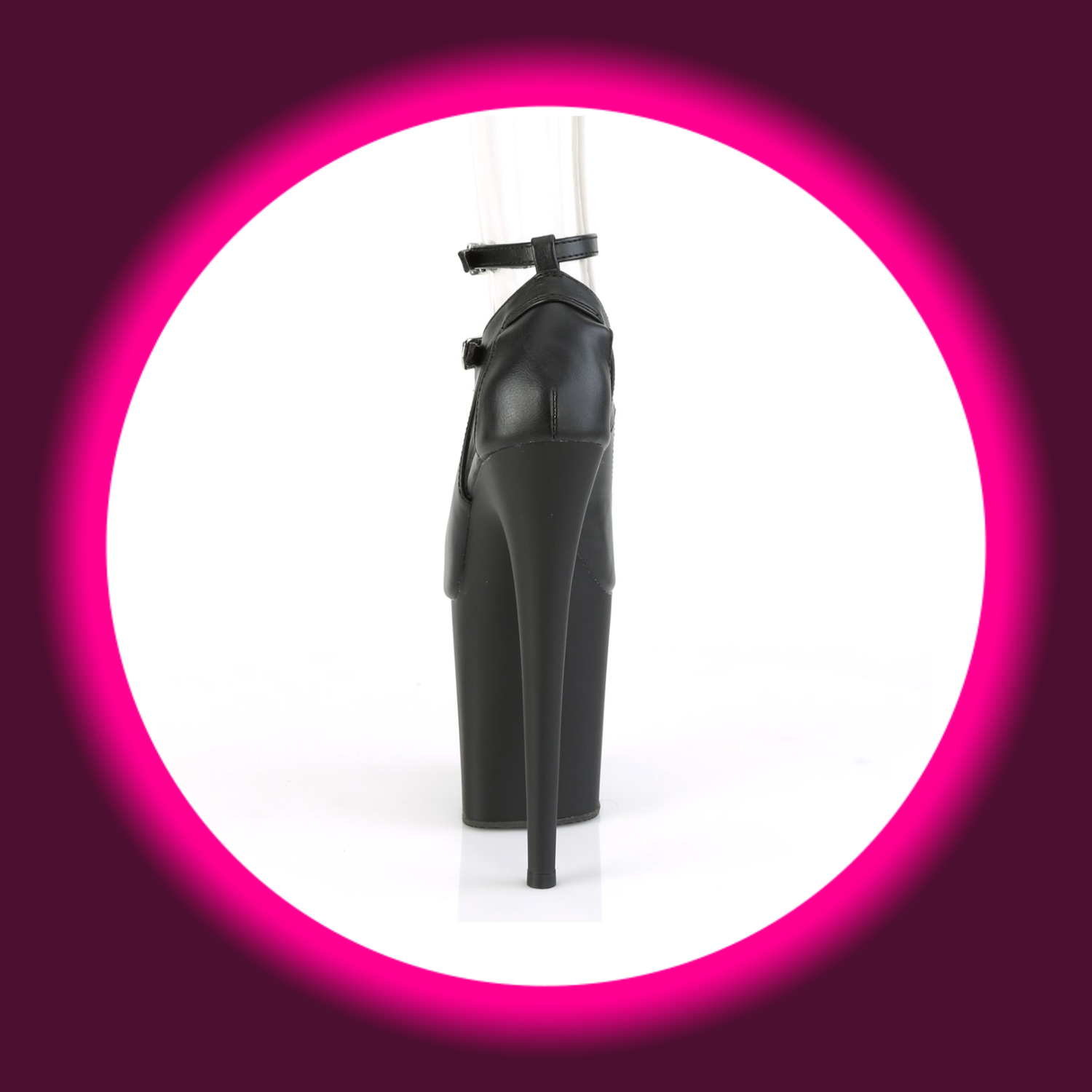 Rückansicht schwarze Plateau Pumps Pleaser Flamingo 850 mit Fesselriemen und sehr hohem Absatz