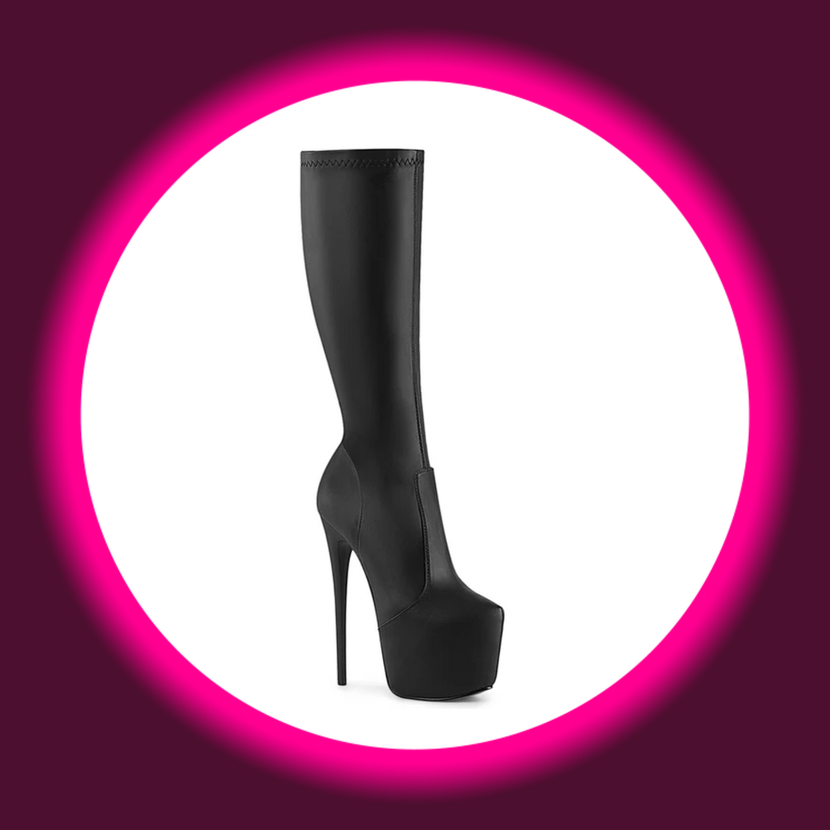 Pleaser Jubilant 2000 Plateau-Stiefel in Schwarz matt mit schlichtem hohem Schaft, geschlossener Spitze und schlankem Stilettoabsatz, schräge Frontansicht
