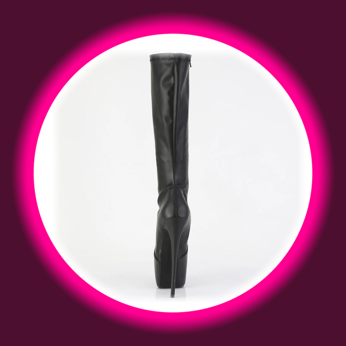 Pleaser Jubilant 2000 Plateau-Stiefel in Schwarz matt, Rückansicht mit mittiger Schaftnaht und hohem schlankem Stilettoabsatz