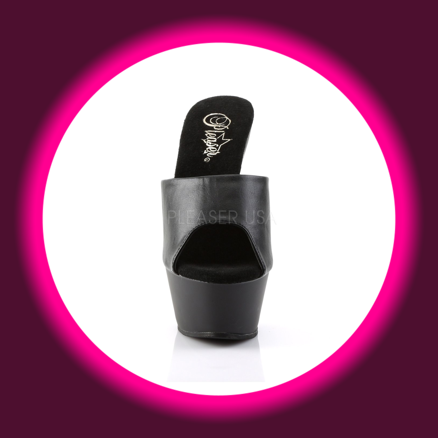 Frontansicht schwarze Plateau-Pantoletten mit hohem Plateau, Pleaser Kiss 201