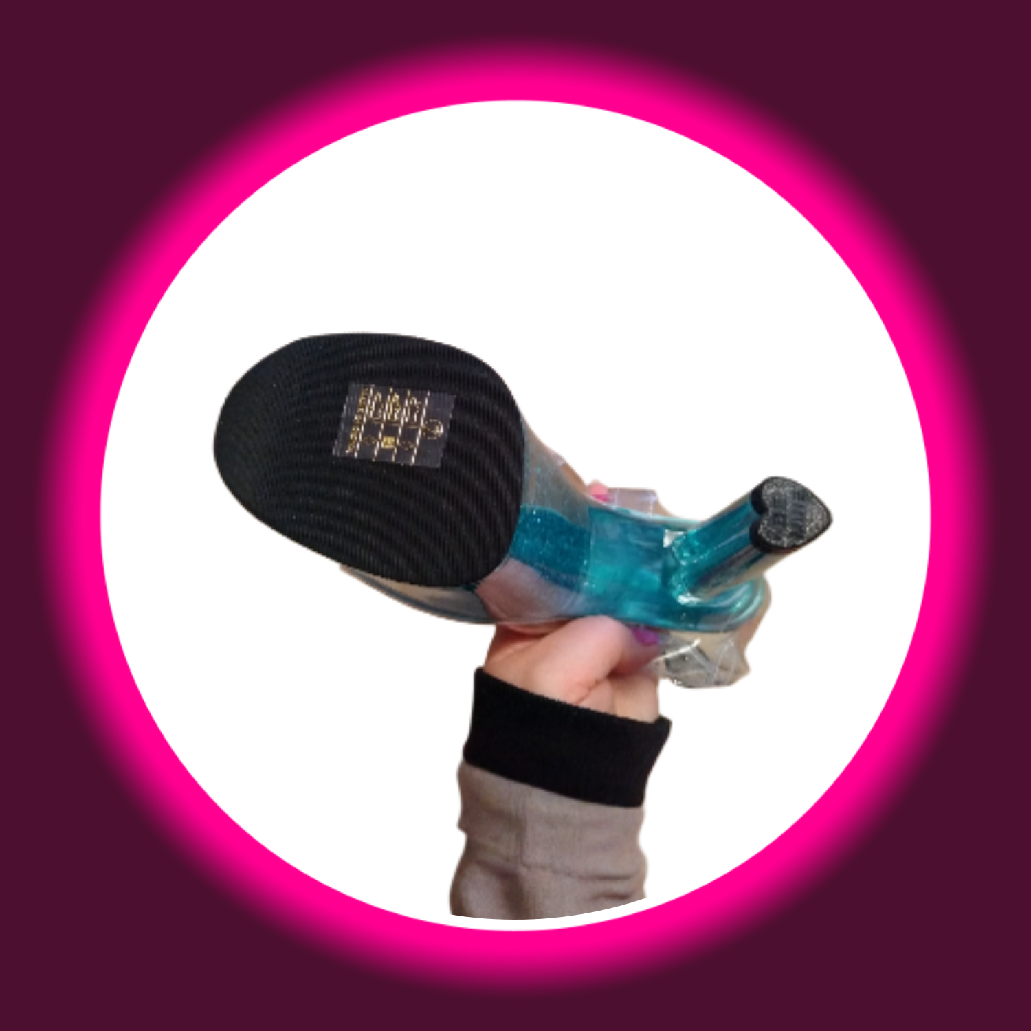 glitzernde türkis farbene Sandalette bzw. High Heels mit herzförmigem Absatz, handgehalten, Pleaser Lovesick 708