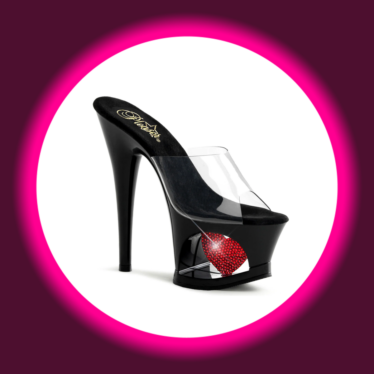 Pleaser Moon 701HRS Plateau-Pantolette in Schwarz mit transparentem Riemen und rotem Strassherz im ausgeschnittenen Plateau, freigestellte schräge Frontansicht