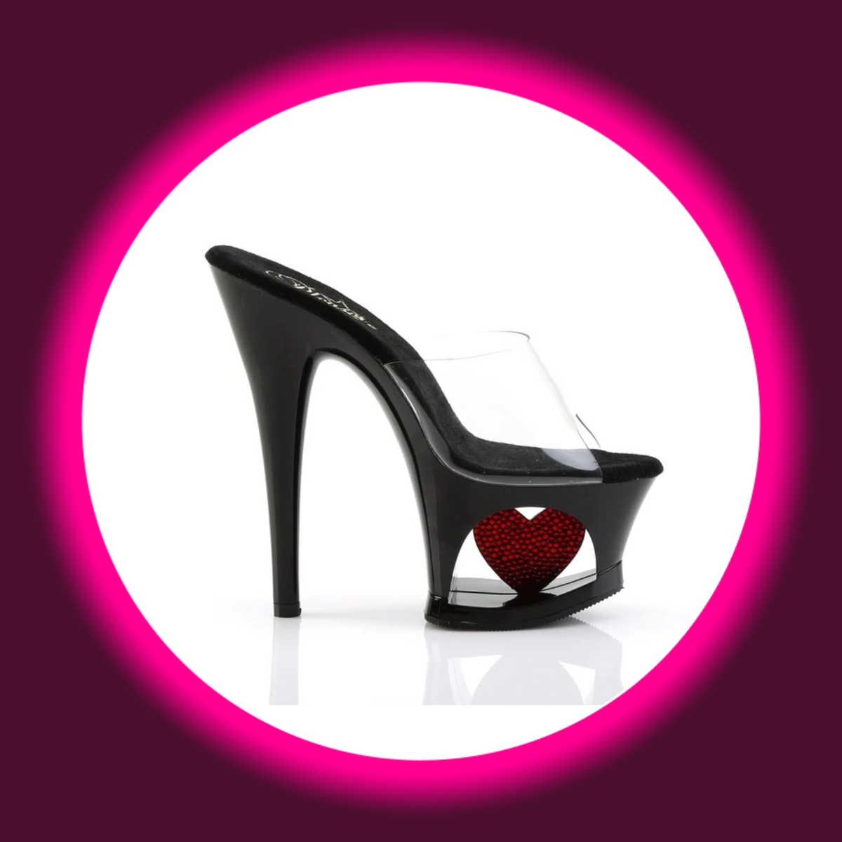 Pleaser Moon 701HRS Plateau-Pantolette in Schwarz, Seitenansicht mit transparentem Riemen, hohem Stilettoabsatz und rotem Strassherz im offenen Plateau