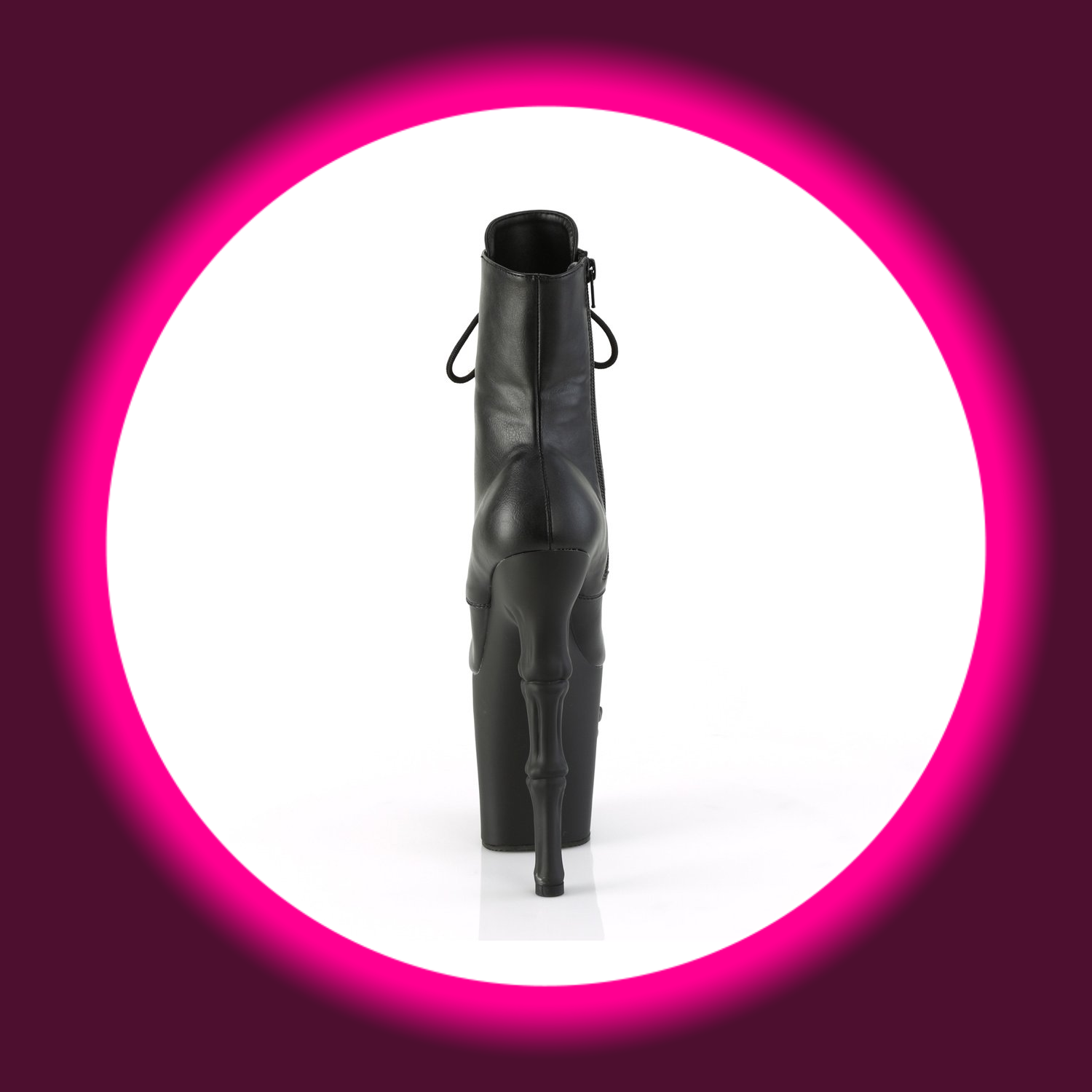 Rückansicht schwarze matte Stiefelette Pleaser Rapture 1020 mit Absatz in Knochenoptik und Totenkopf am Plateau