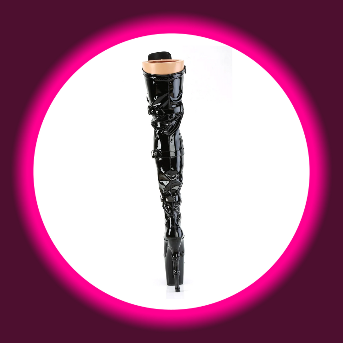 Pleaser Rapture 3028 Overknee-Plateau-Stiefel in schwarzem Lack, Rückansicht mit drei umlaufenden Riemen, mittiger Rückennaht und hohem Absatz in Knochenform