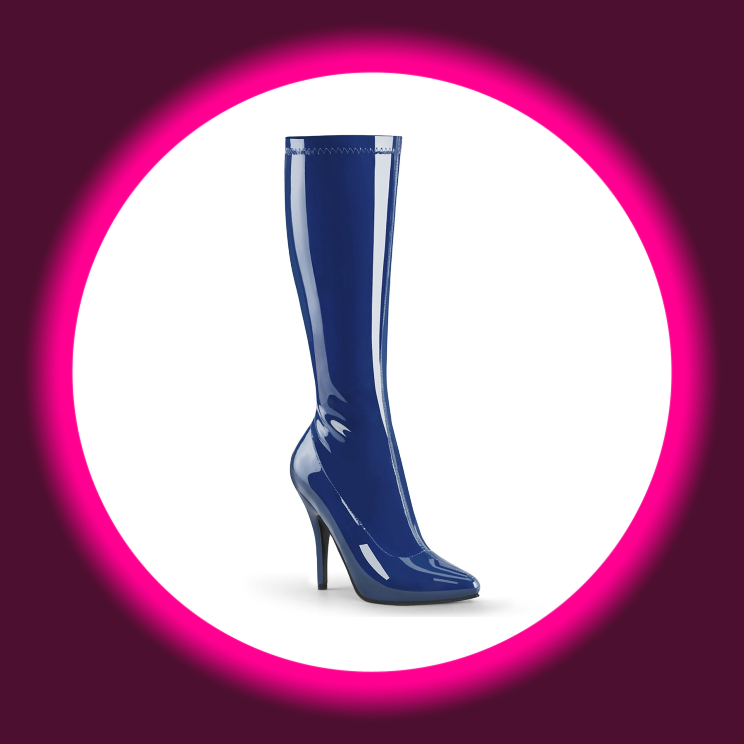 Winkelansicht blaue Lackstiefel Pleaser Seduce 2000 mit 13cm Stiletto