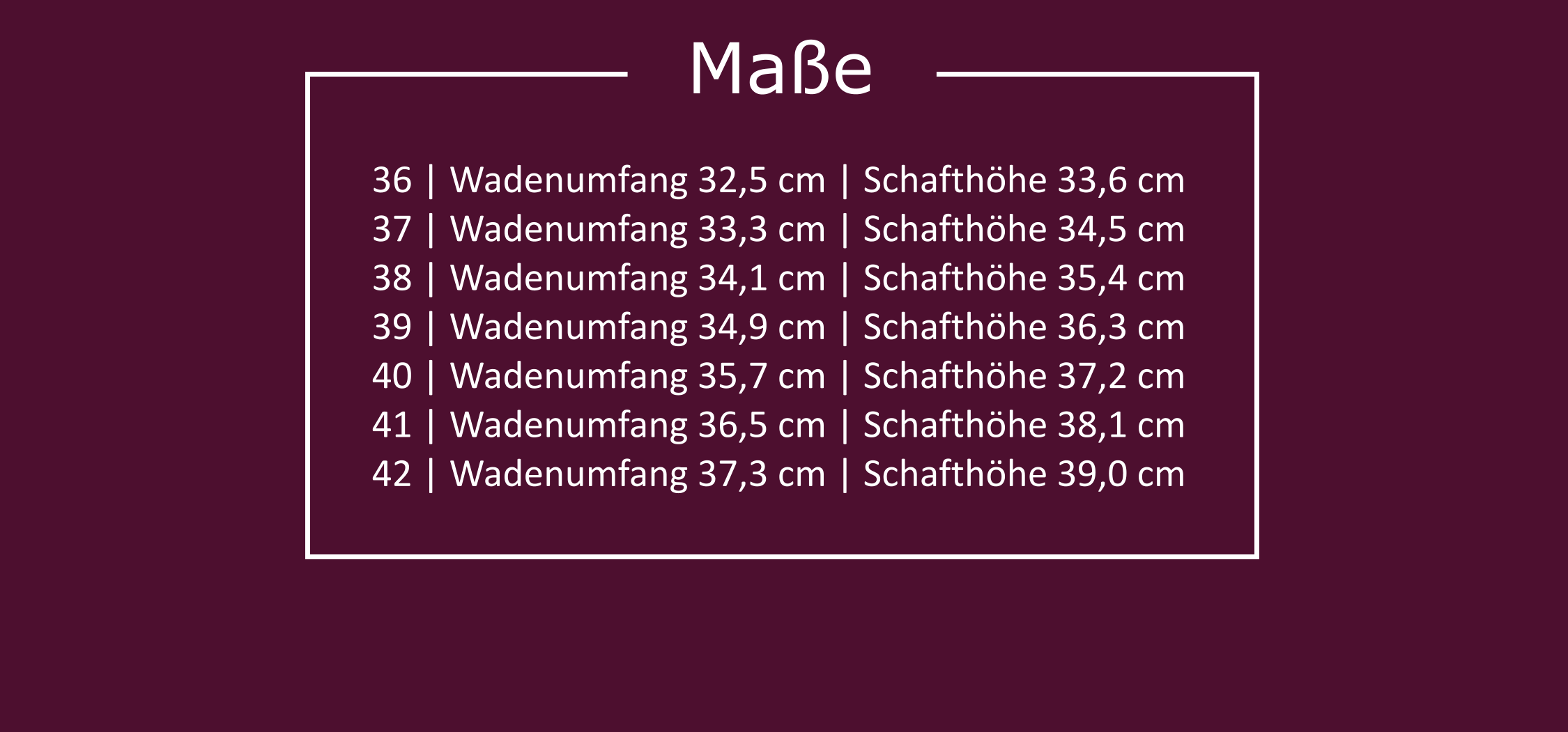 Tabelle mit Maßen der Stiefel Pleaser Seduce 2000