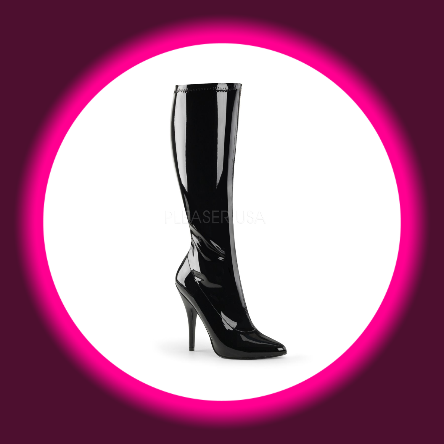 Winkelansicht schwarze Lackstiefel Pleaser Seduce 2000 mit 13cm Stiletto