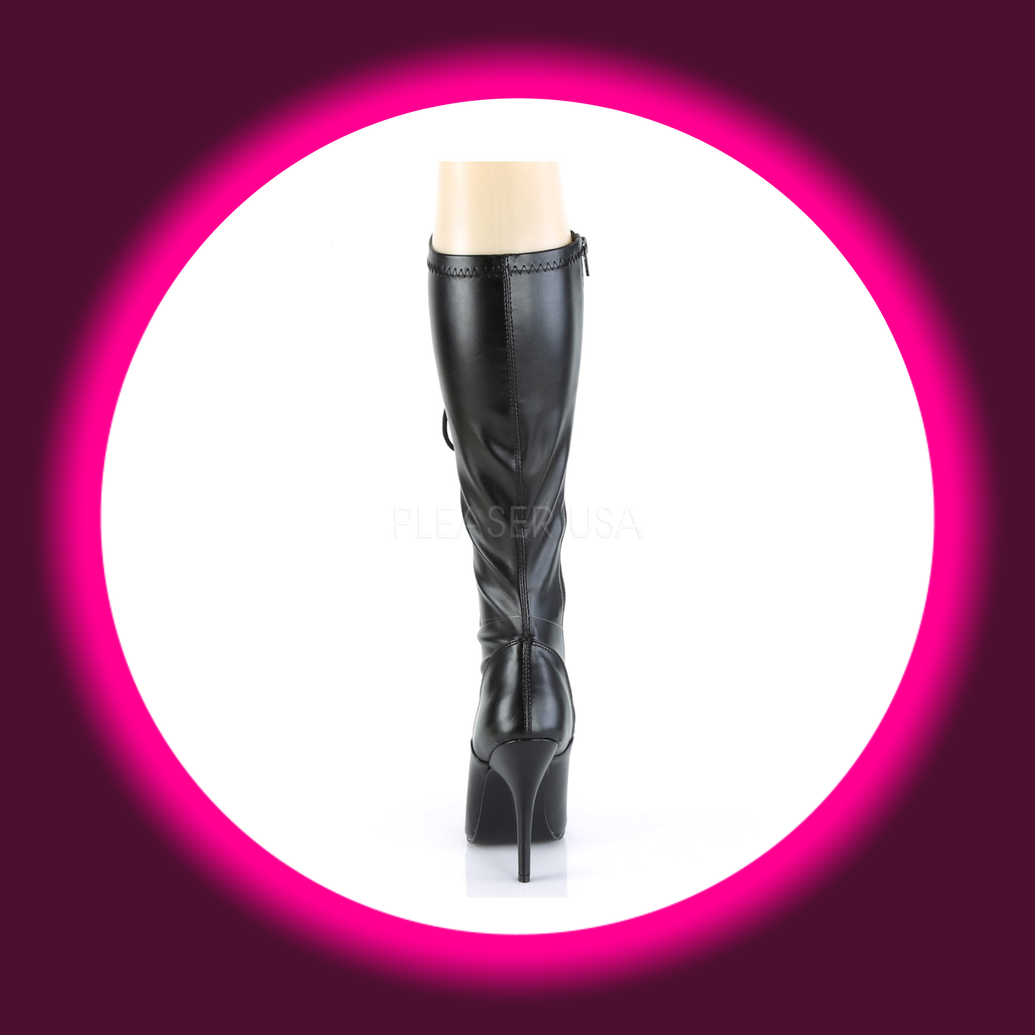 Rückansicht schwarze Stiefel Pleaser Seduce 2024 mit hohem Pfennigabsatz