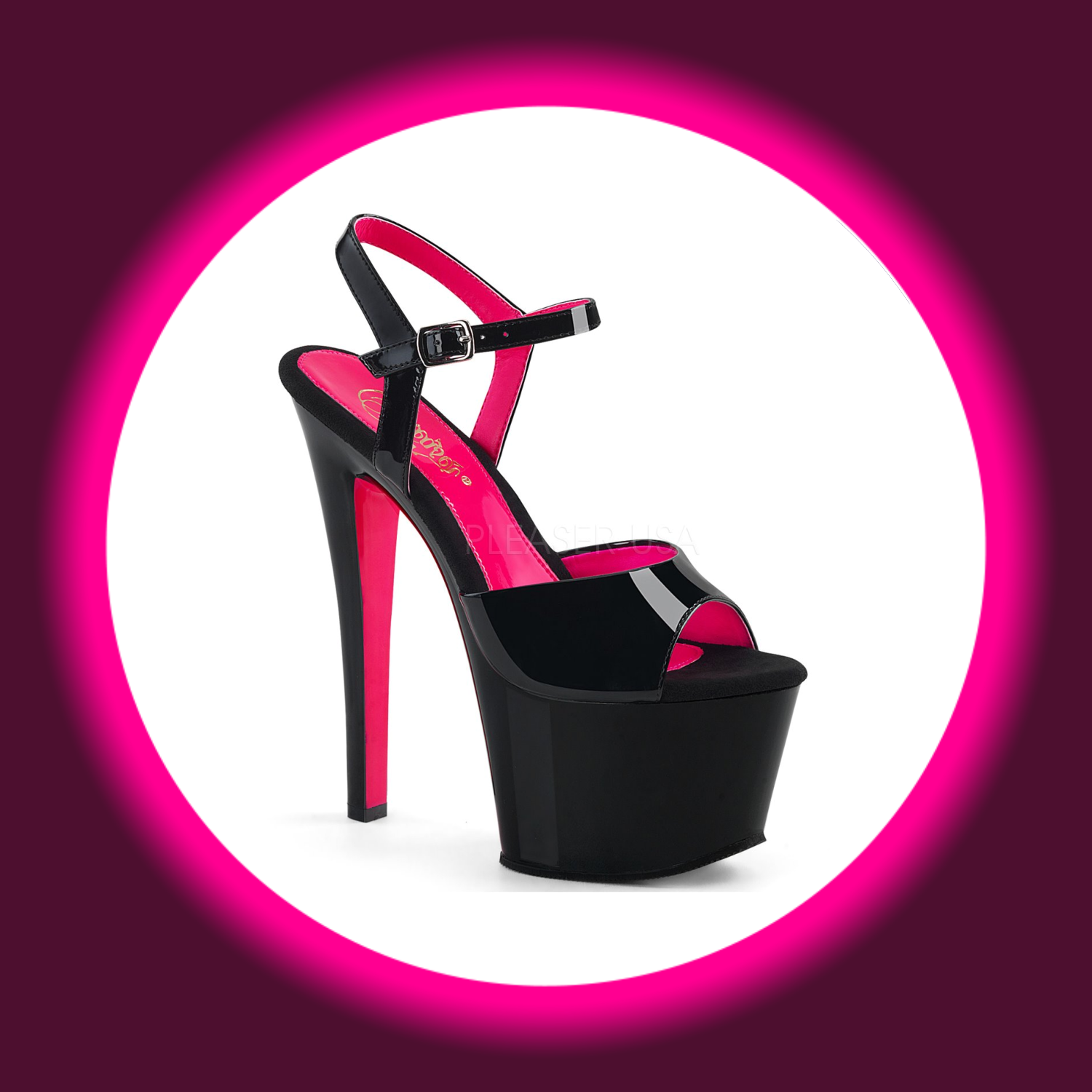 Winkelansicht zweifarbige schwarz pinke Plateau-Sandale mit hohem Absatz, Pleaser Sky 309