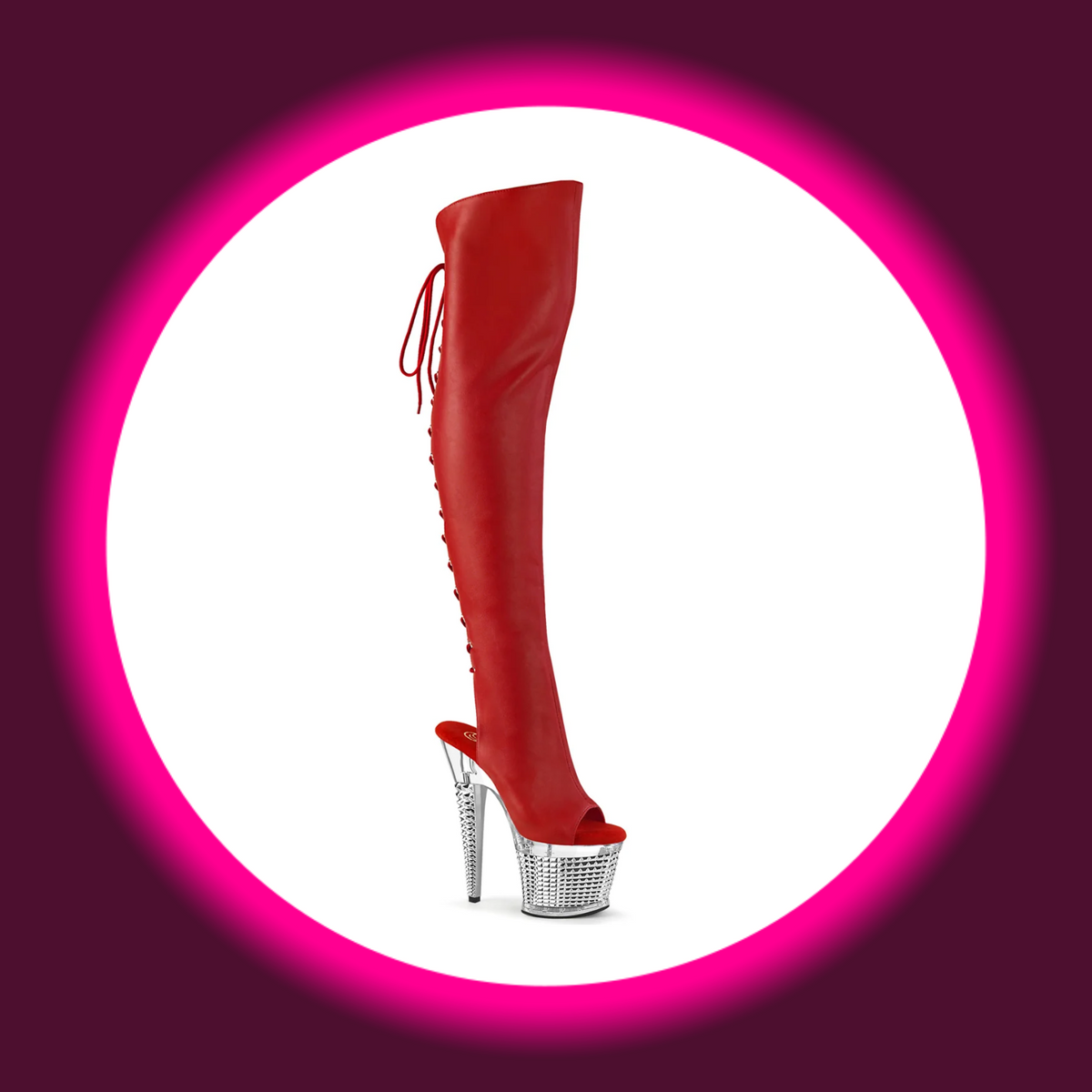 Pleaser Spectator 3019 Overknee-Stiefel in Rot mit offener Spitze und Ferse, rückseitiger Schnürung sowie transparentem, strukturiertem Plateau und Stilettoabsatz, schräge Frontansicht