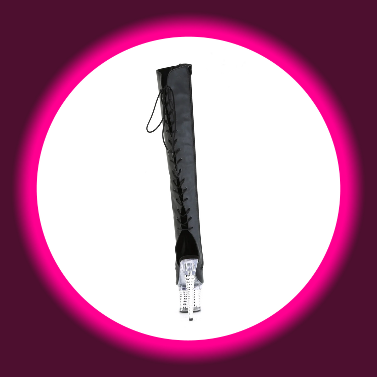 Pleaser Spectator 3019 Overknee-Stiefel in Schwarz, Rückansicht mit durchgängiger Schnürung, offener Ferse und transparentem, geometrisch strukturiertem Stilettoabsatz
