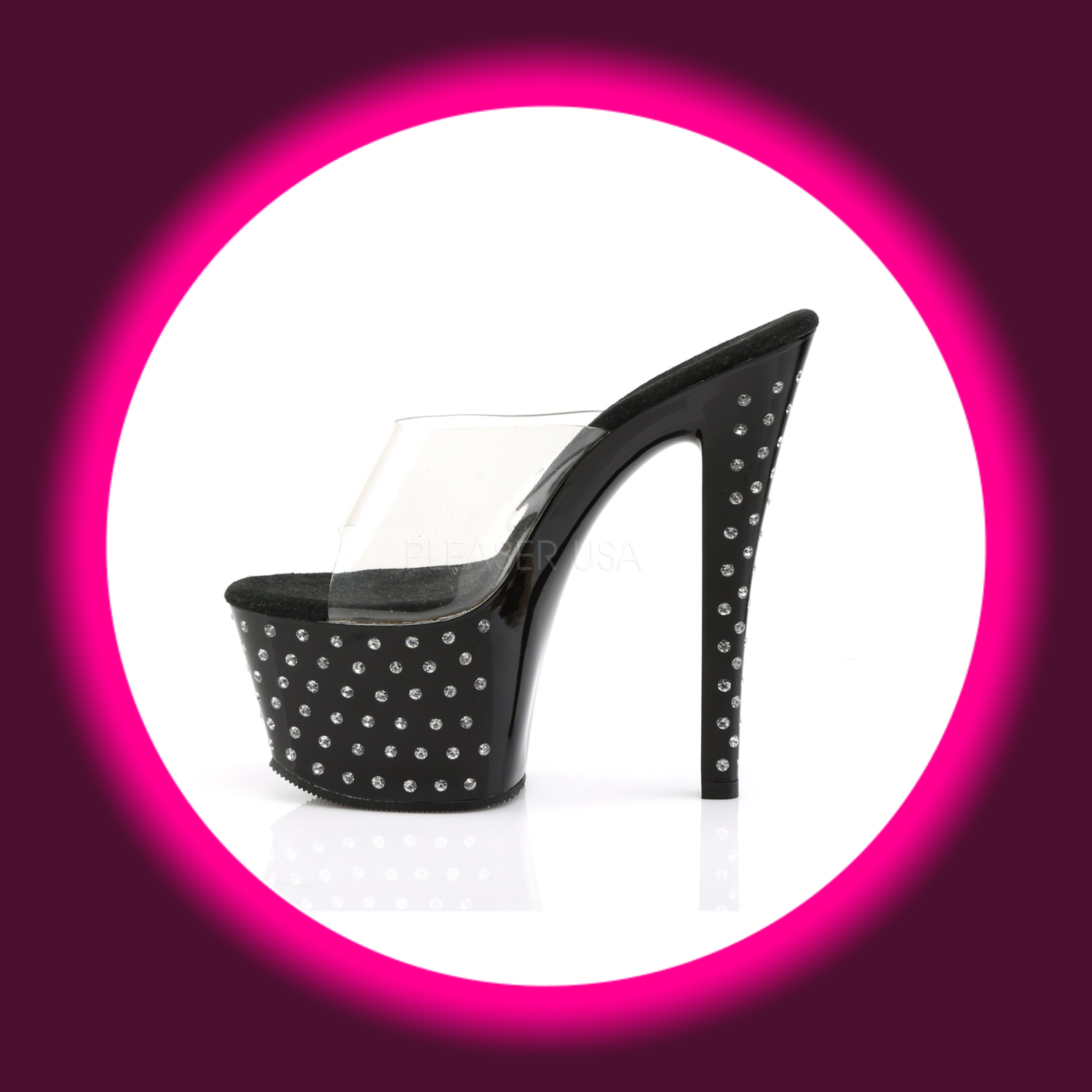 seitliche Ansicht schwarze, mit Straßsteinen besetzte Plateau-Pantolette mit hohem Absatz, Pleaser Stardust 701