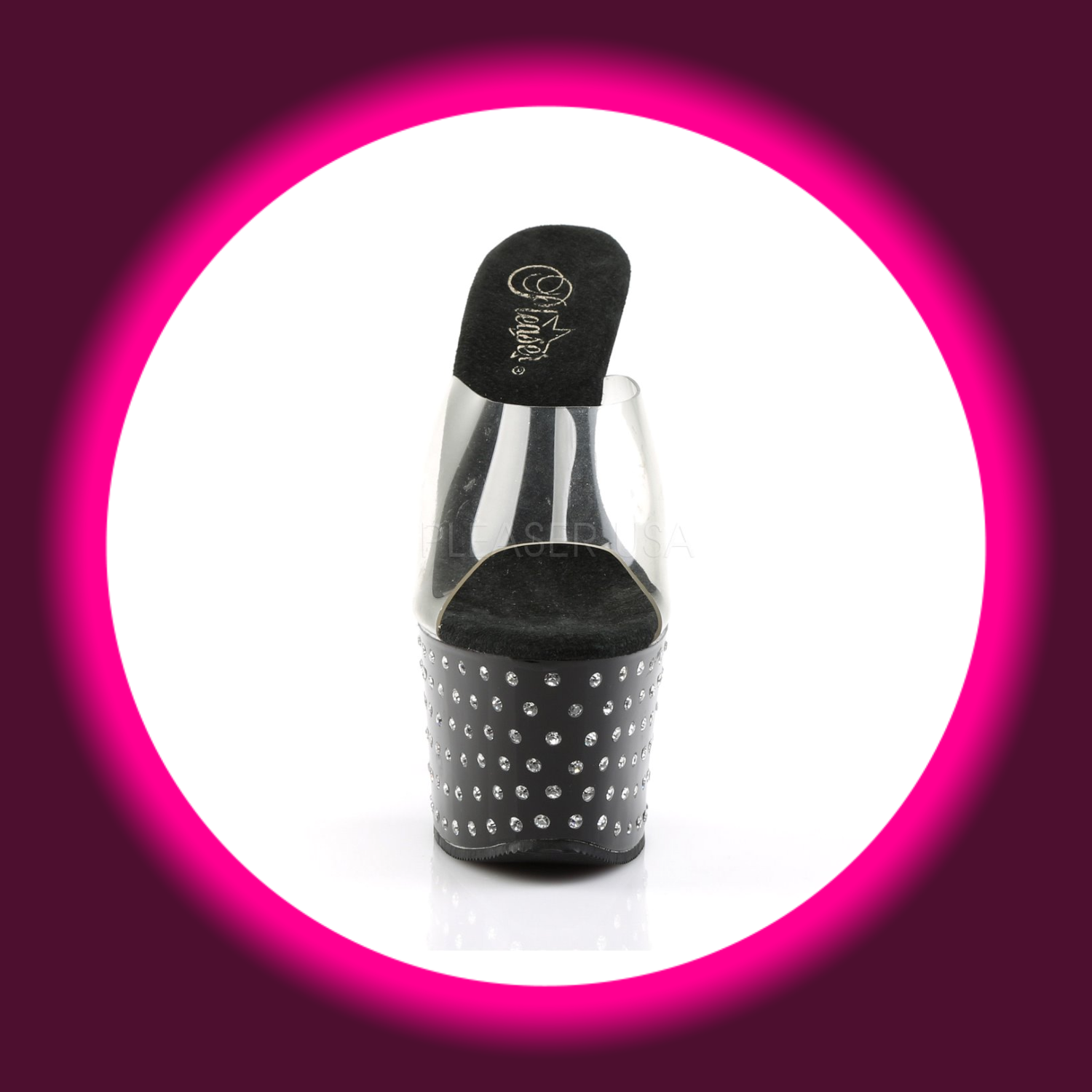 Frontansicht schwarze, mit Straßsteinen besetzte Plateau-Pantolette mit schwarzer Innensohle, Pleaser Stardust 701