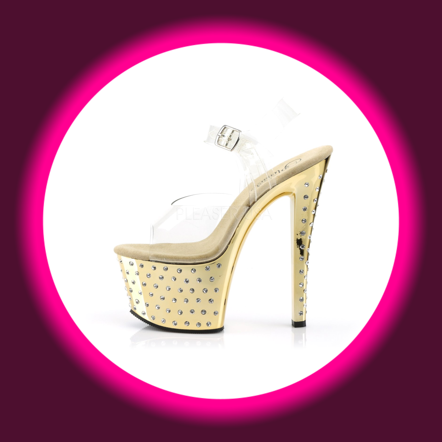 seitliche Ansicht goldene, mit Straßsteinen besetzte Plateau-Sandale mit hohem Absatz, Pleaser Stardust 708