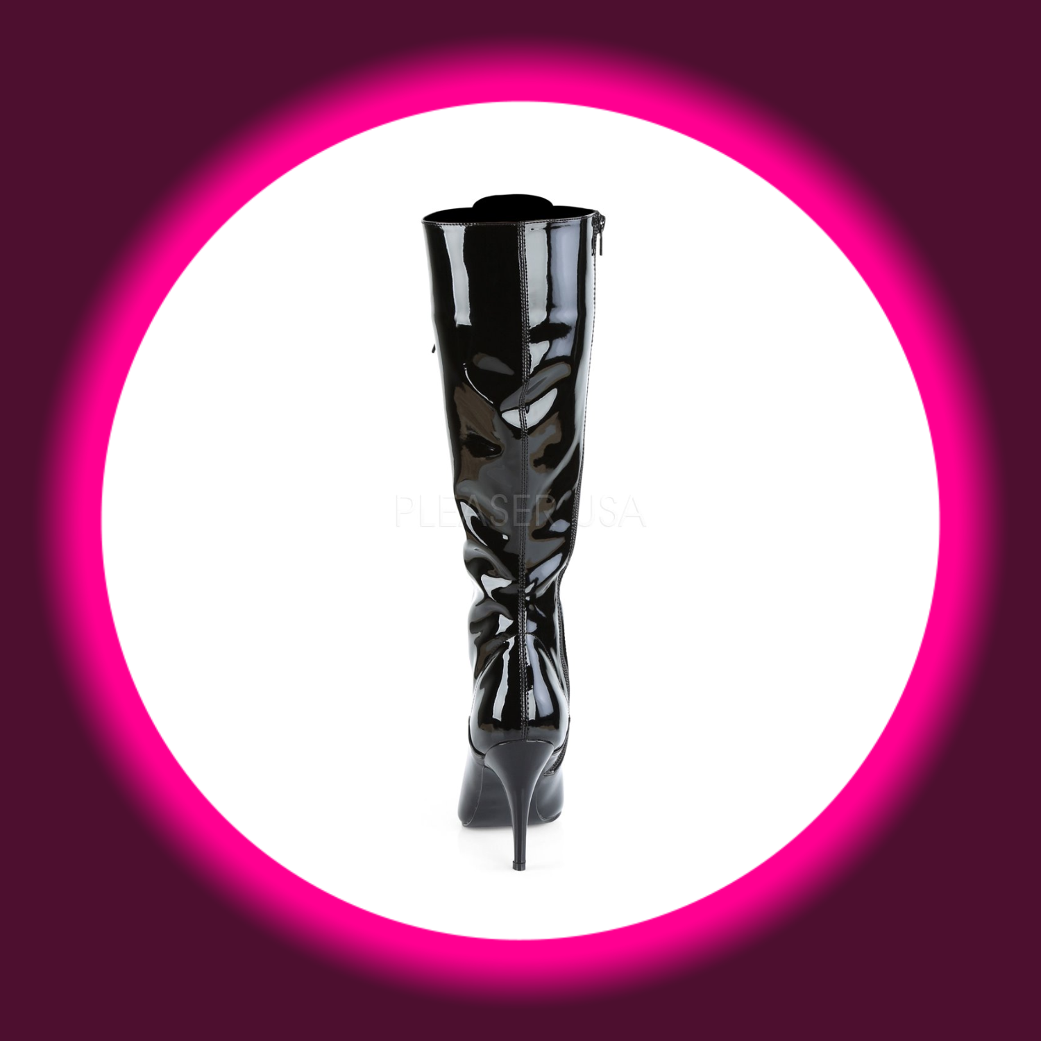 Rückansicht schwarze Lackstiefel Pleaser Vanity 2000 mit Pfennigabsatz 