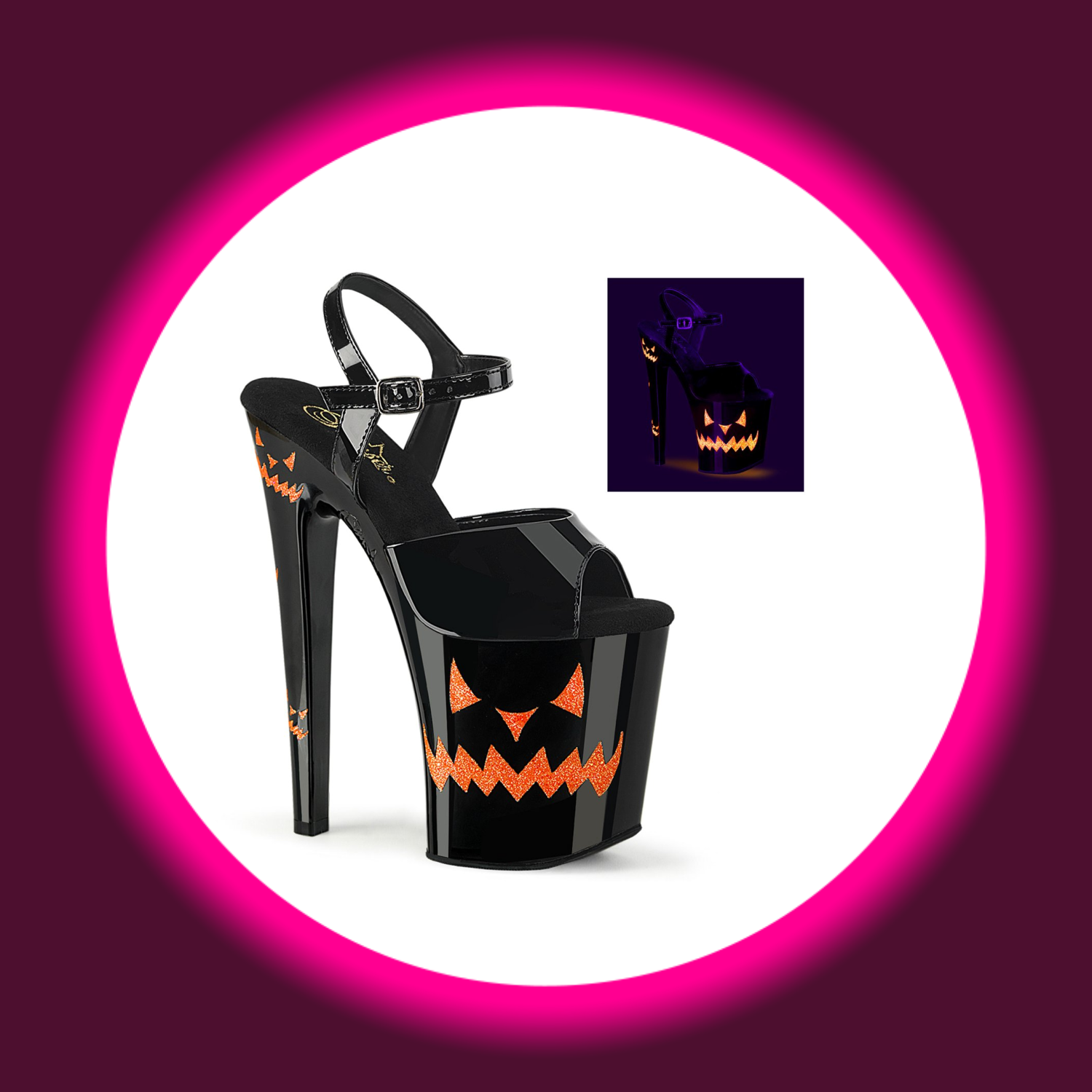 Winkelansicht schwarze High Heels mit Halloween Muster und sehr hohem Absatz, Pleaser Xtreme 809