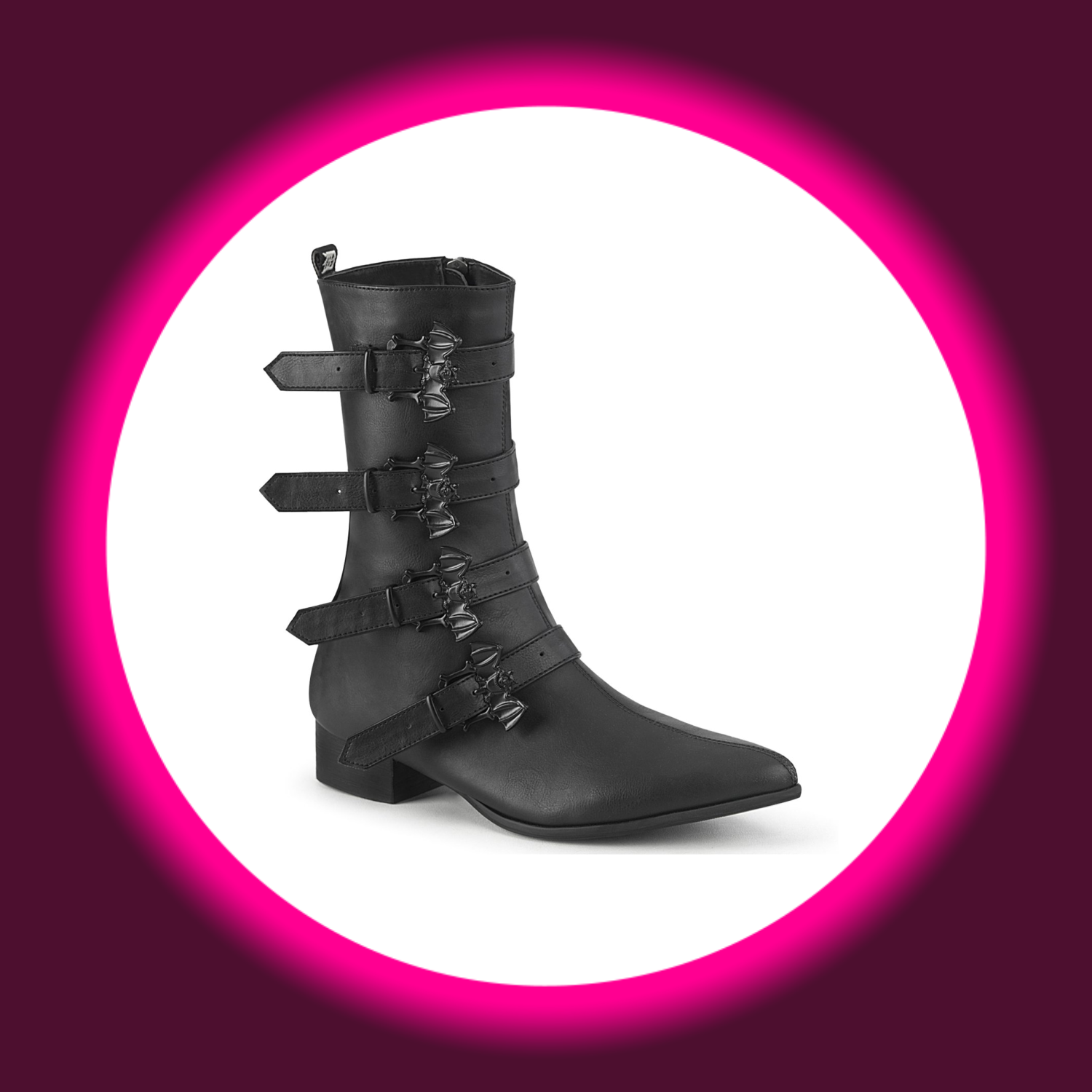 Demoniacult Warlock 110, schwarze Herrenstiefel mit vier Schnallen und Fledermausdetail, mit kleinem Blockabsatz 