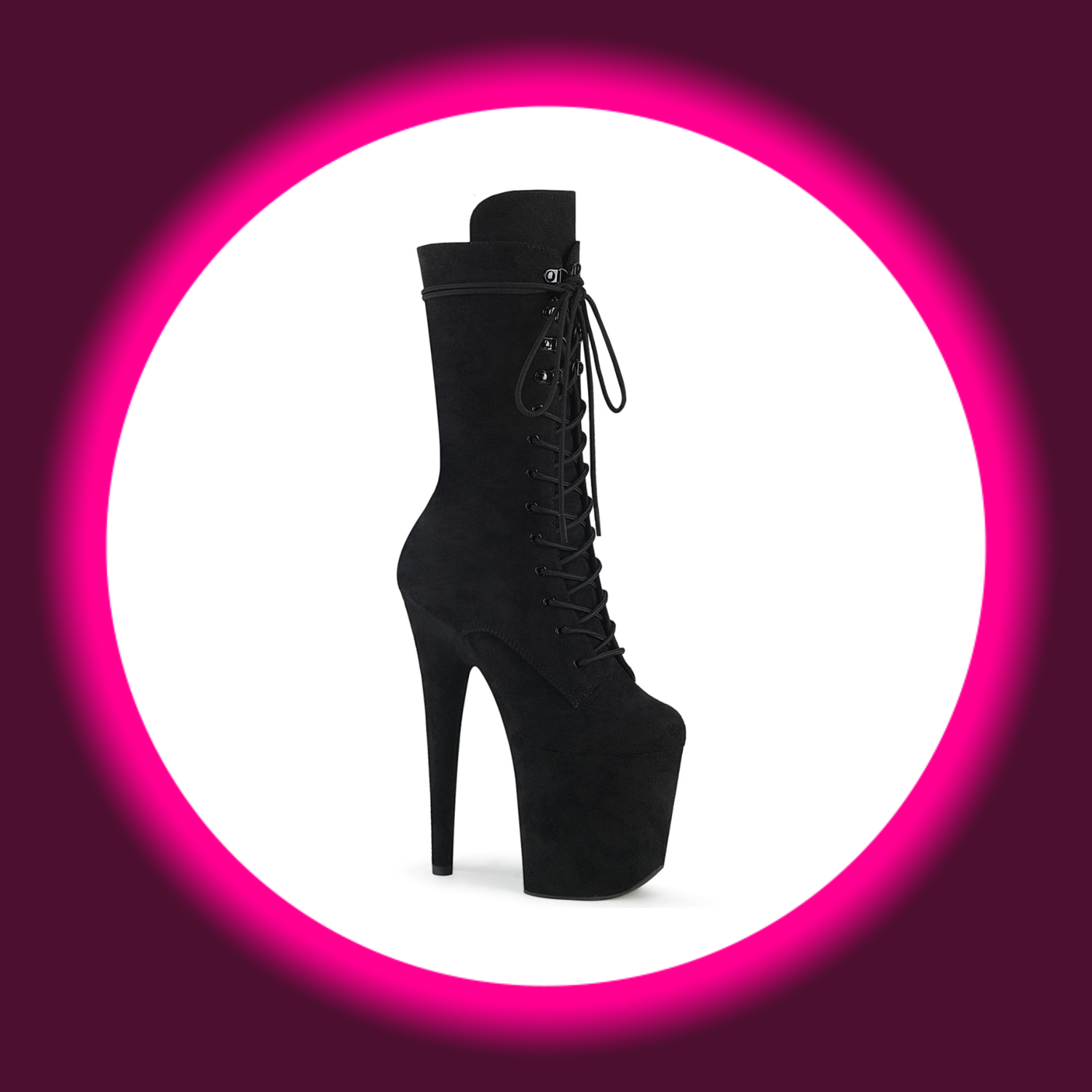 Winkelansicht schwarze Plateau-Stiefelette mit hohem Absatz und Frontschnürung, Pleaser Flamingo 1050