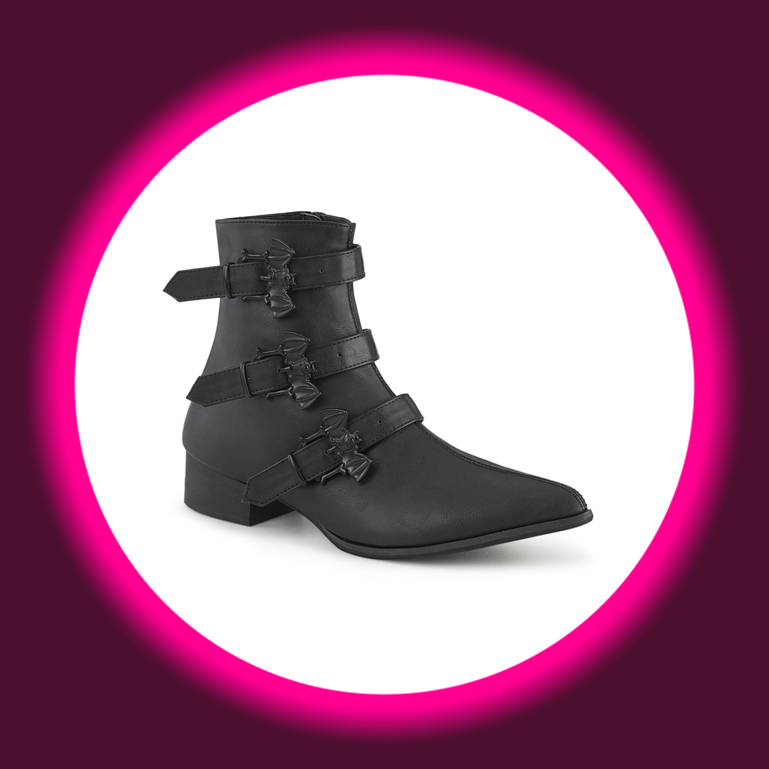 schwarze Stiefelette im Winkelpicker-Stil, mit drei Riemen und Fledermausemblemen, Demoniacult Warlock 50