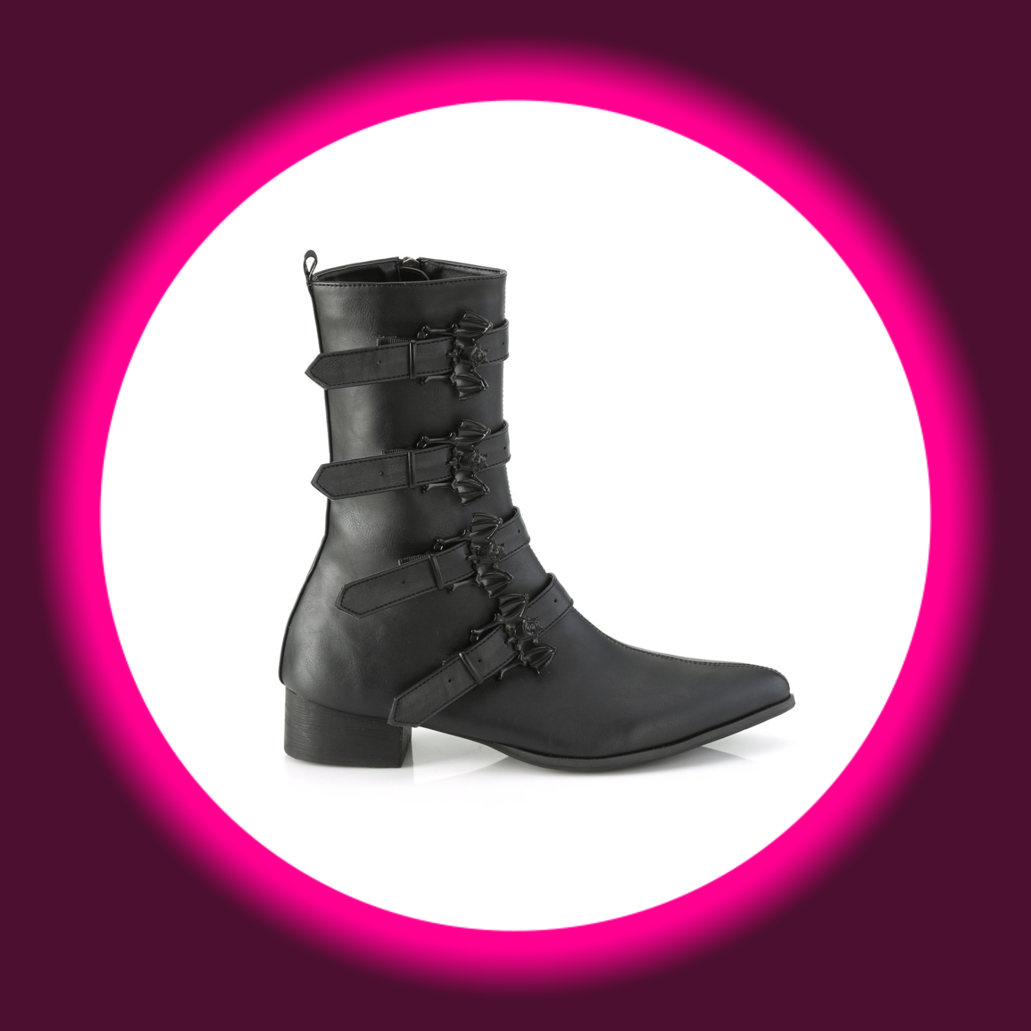 Demoniacult Warlock 110, schwarze Herrenstiefel mit vier Schnallen und Fledermausdetail, mit kleinem Blockabsatz 