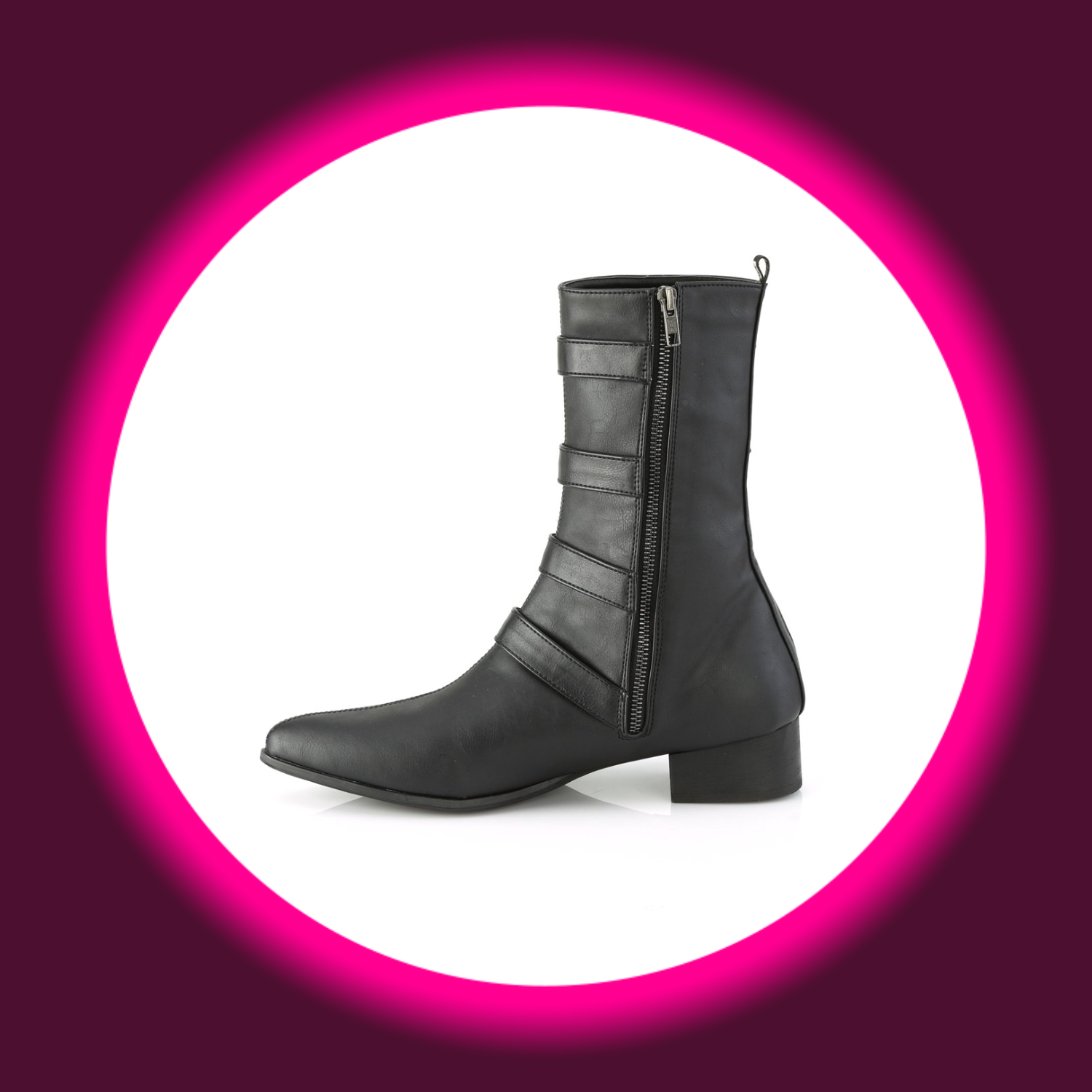 Demoniacult Warlock 110, schwarze Herrenstiefel mit vier Schnallen und Reißverschluss, mit kleinem Blockabsatz 