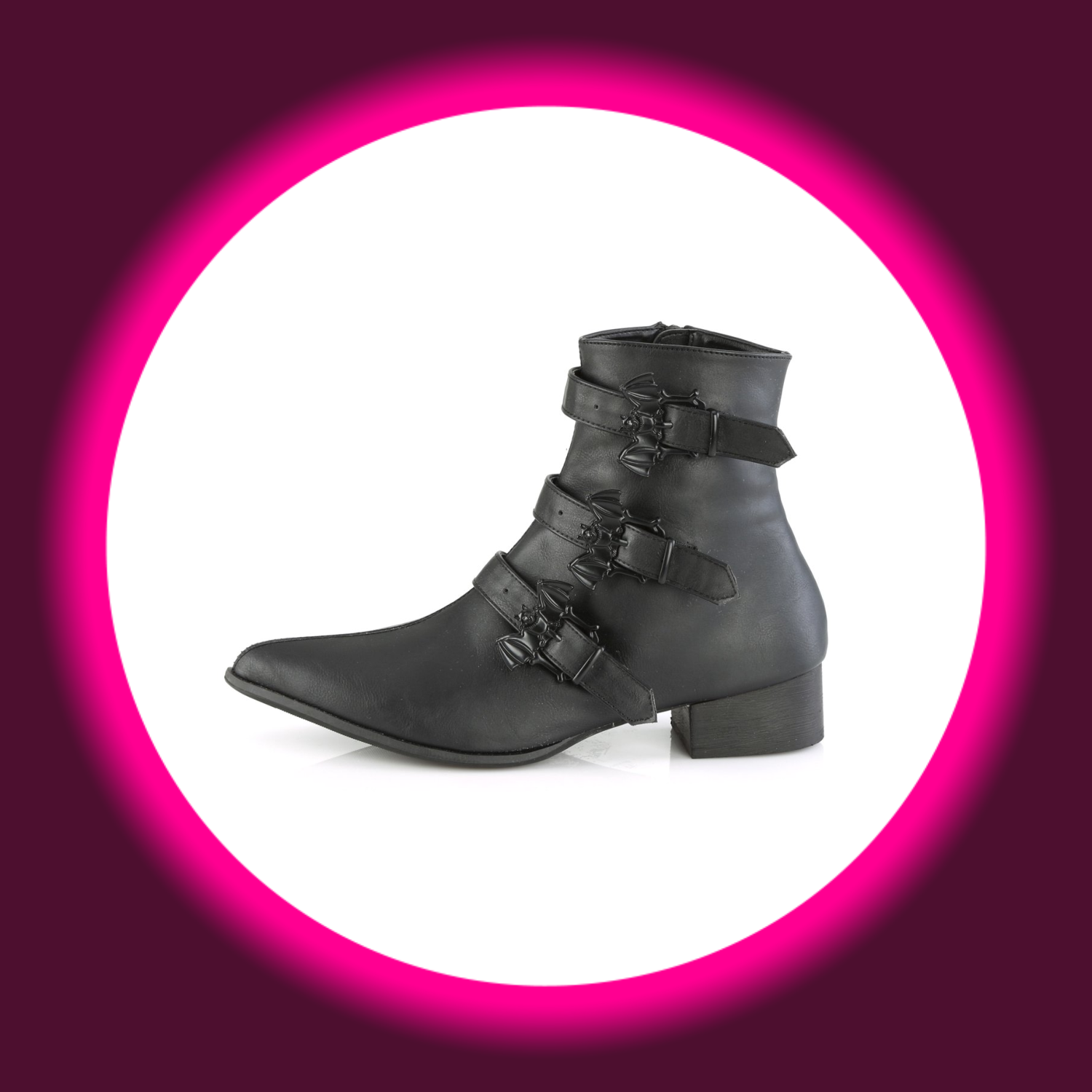 schwarze Stiefelette im Winkelpicker-Stil, mit drei Riemen und Fledermausemblemen, Demoniacult Warlock 50