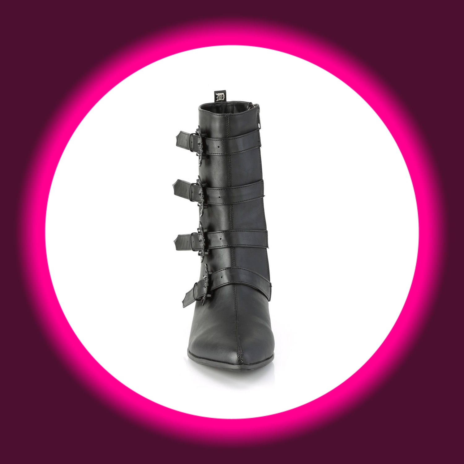 Demoniacult Warlock 110, schwarze Herrenstiefel mit vier Schnallen und Fledermausdetail, Winkelpicker-Stil