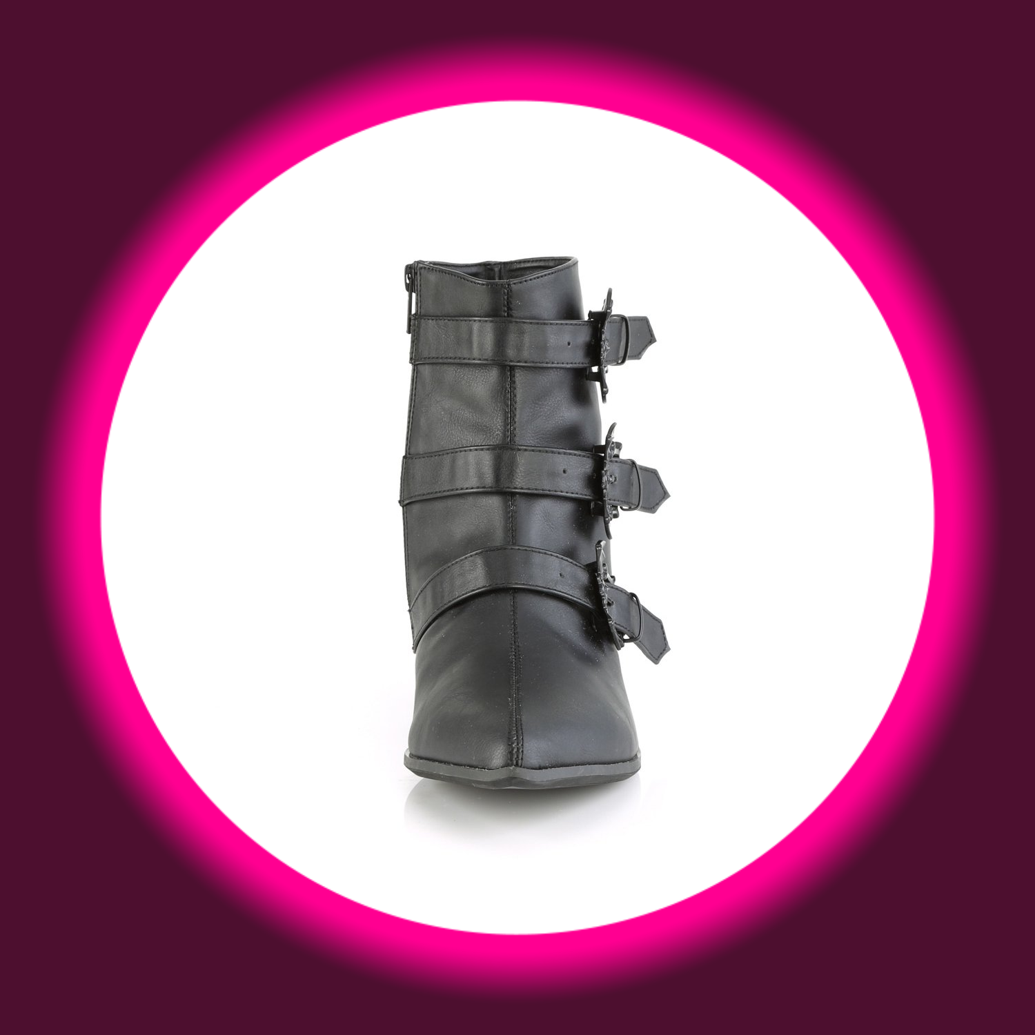 schwarze Stiefelette im Winkelpicker-Stil, mit drei Riemen und Fledermausemblemen, Demoniacult Warlock 50