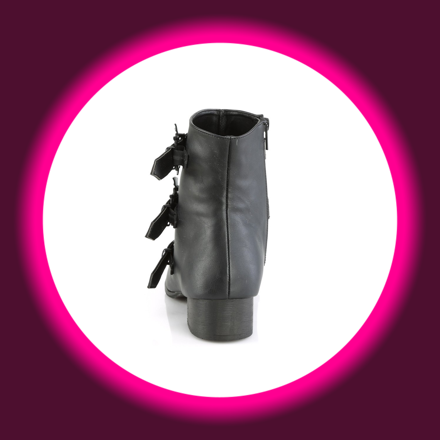 schwarze Stiefelette im Winkelpicker-Stil, mit drei Riemen und Fledermausemblemen, Demoniacult Warlock 50