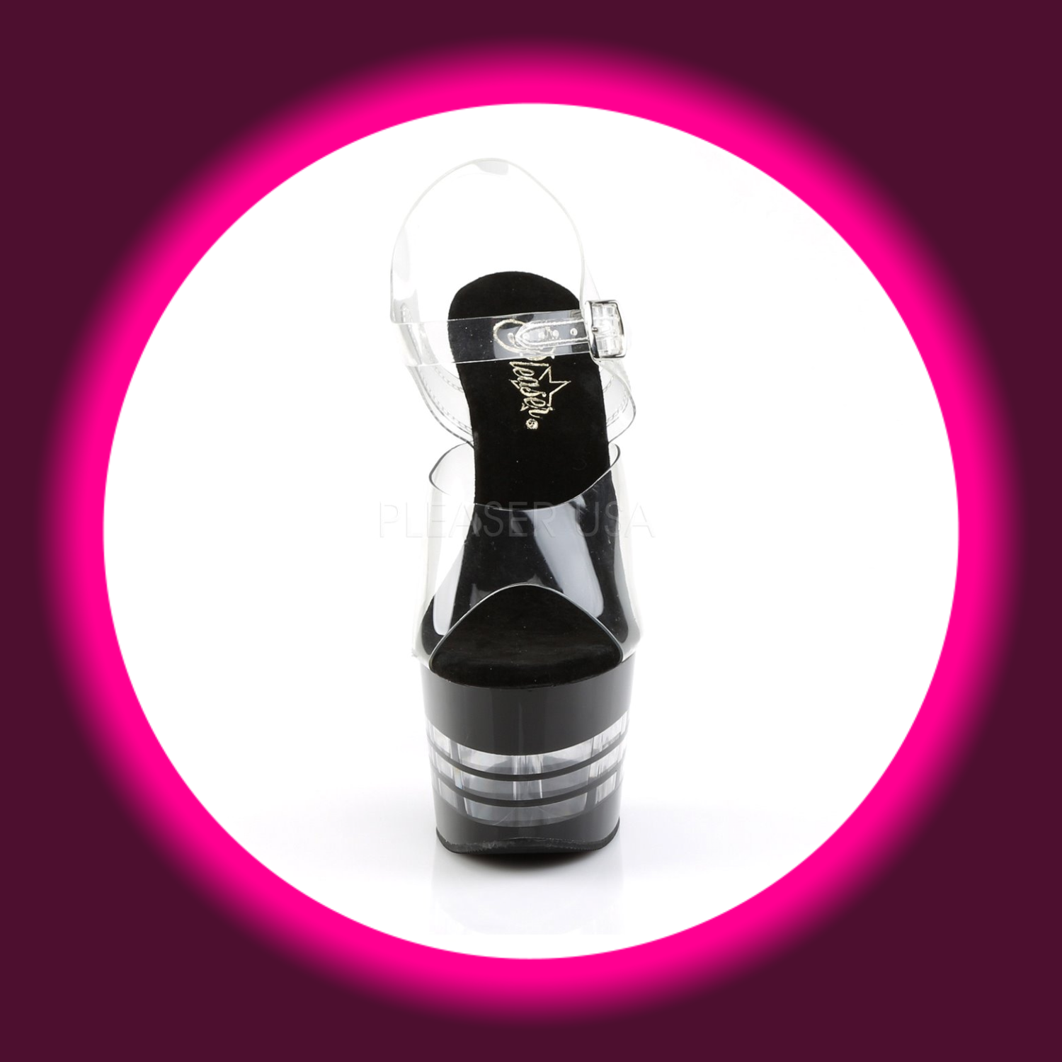 Frontansicht schwarze High Heels mit Streifen und transparenten Riemen, Pleaser Adore 708