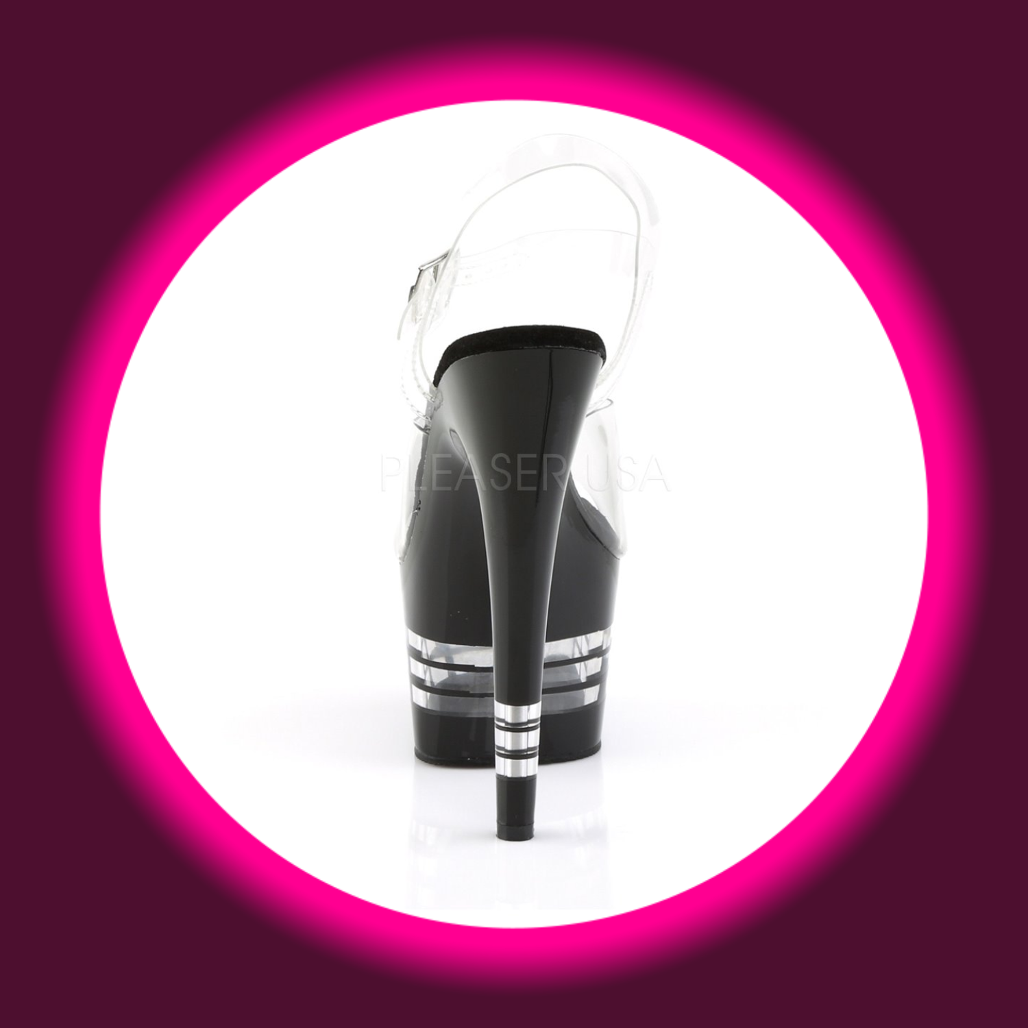 Rückansicht schwarze High Heels mit Streifen und transparenten Riemen, Pleaser Adore 708
