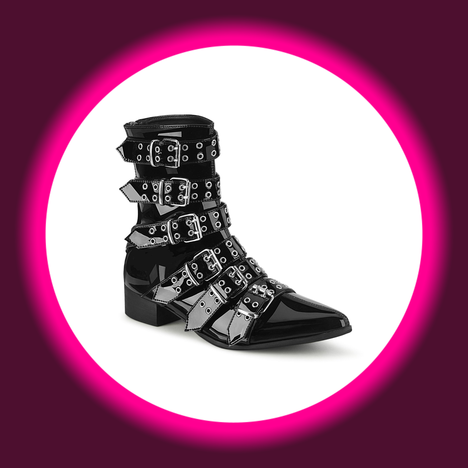 Winkelansicht Stiefelette für Herren, Lack schwarz, mit 6 Riemen und Nieten, Demoniacult Warlock 70