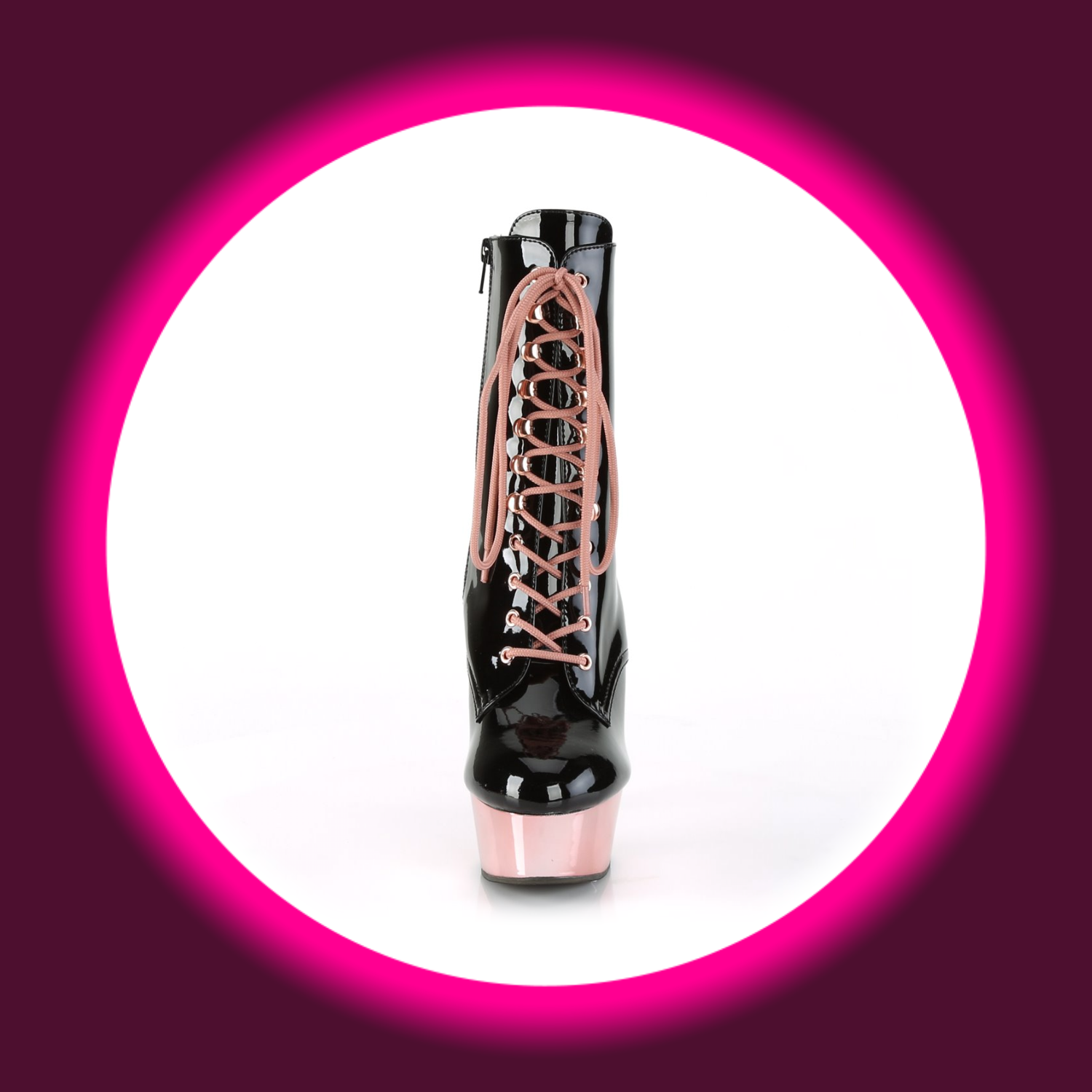 Frontansicht schwarze Stiefelette mit rosé farbenem Plateau und Schnürsenkeln, Pleaser Delight 1020 