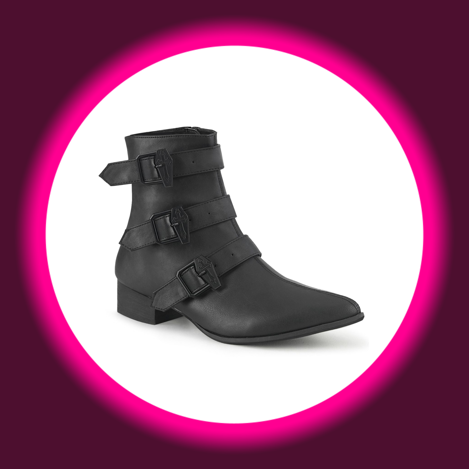 schwarze Stiefelette im Winkelpicker-Stil, mit drei Riemen und Sargemblemen, Demoniacult Warlock 50