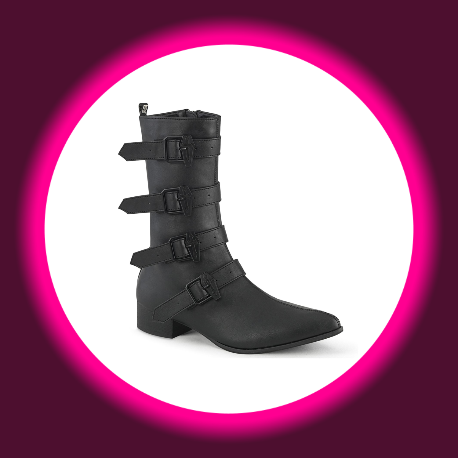Demoniacult Warlock 110, schwarze Herrenstiefel mit vier Schnallen und Sargdetail, mit kleinem Blockabsatz 