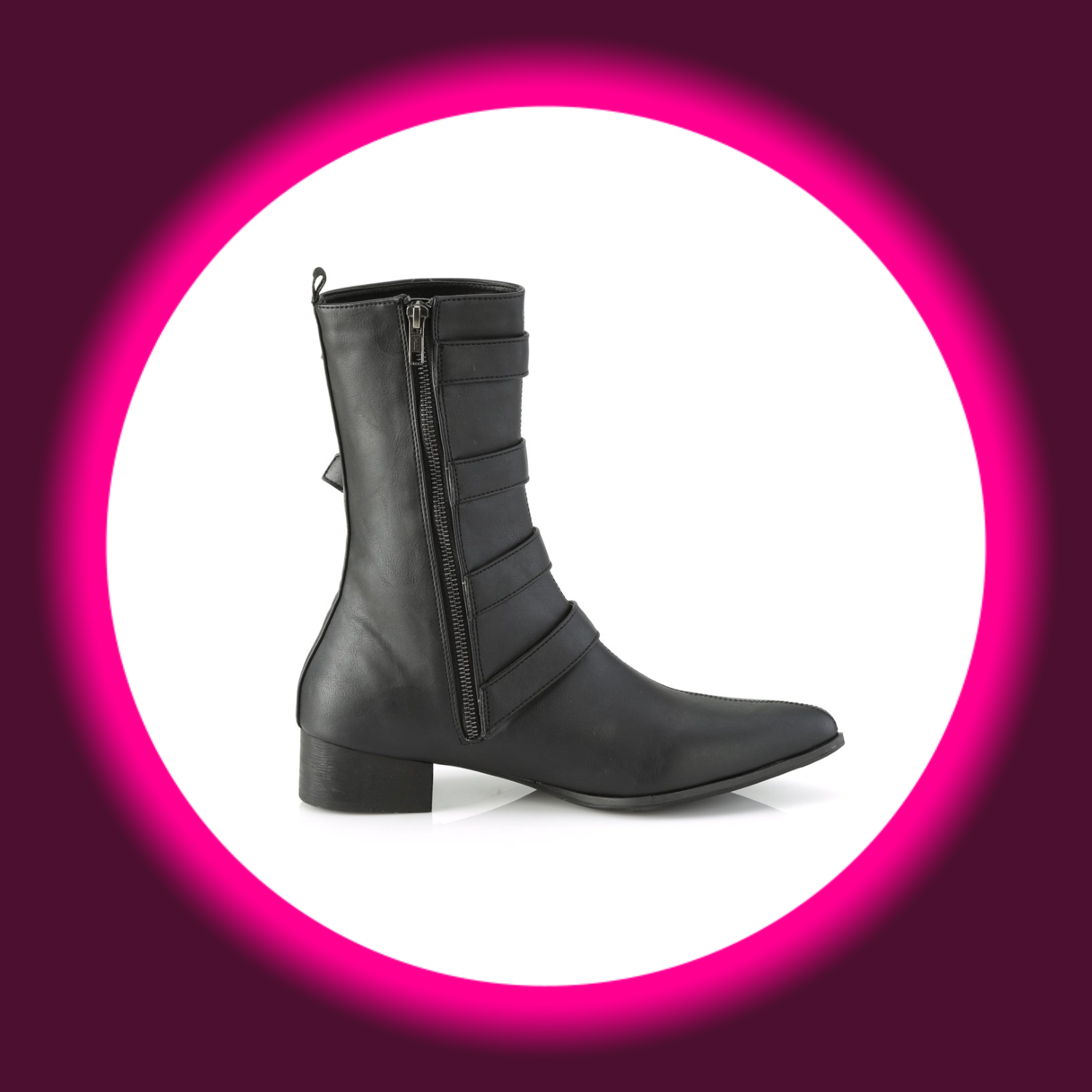 Demoniacult Warlock 110, schwarze Herrenstiefel mit vier Schnallen und Reißverschluss, mit kleinem Blockabsatz 