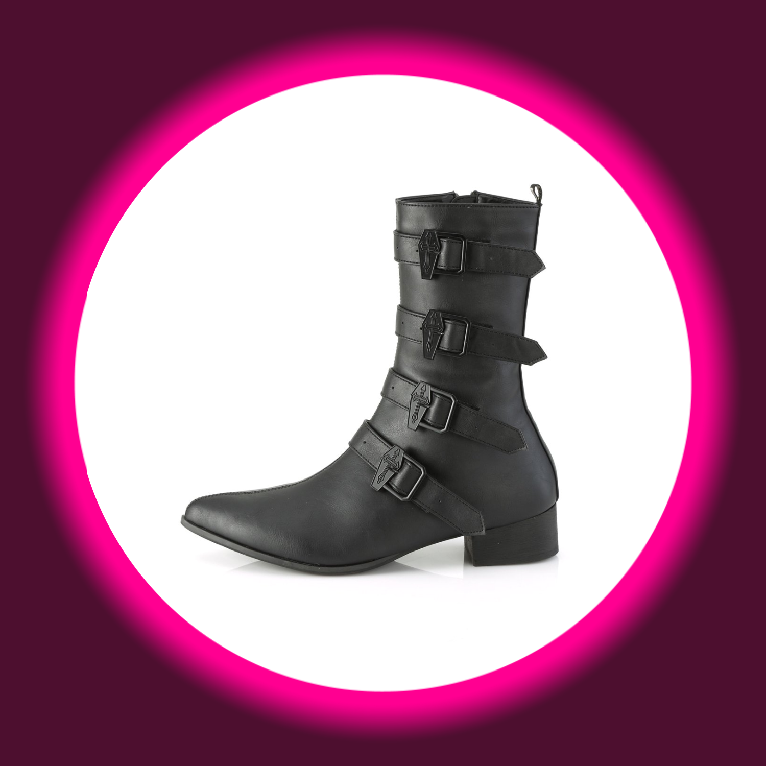 Demoniacult Warlock 110, schwarze Herrenstiefel mit vier Schnallen und Sargdetail, mit kleinem Blockabsatz 