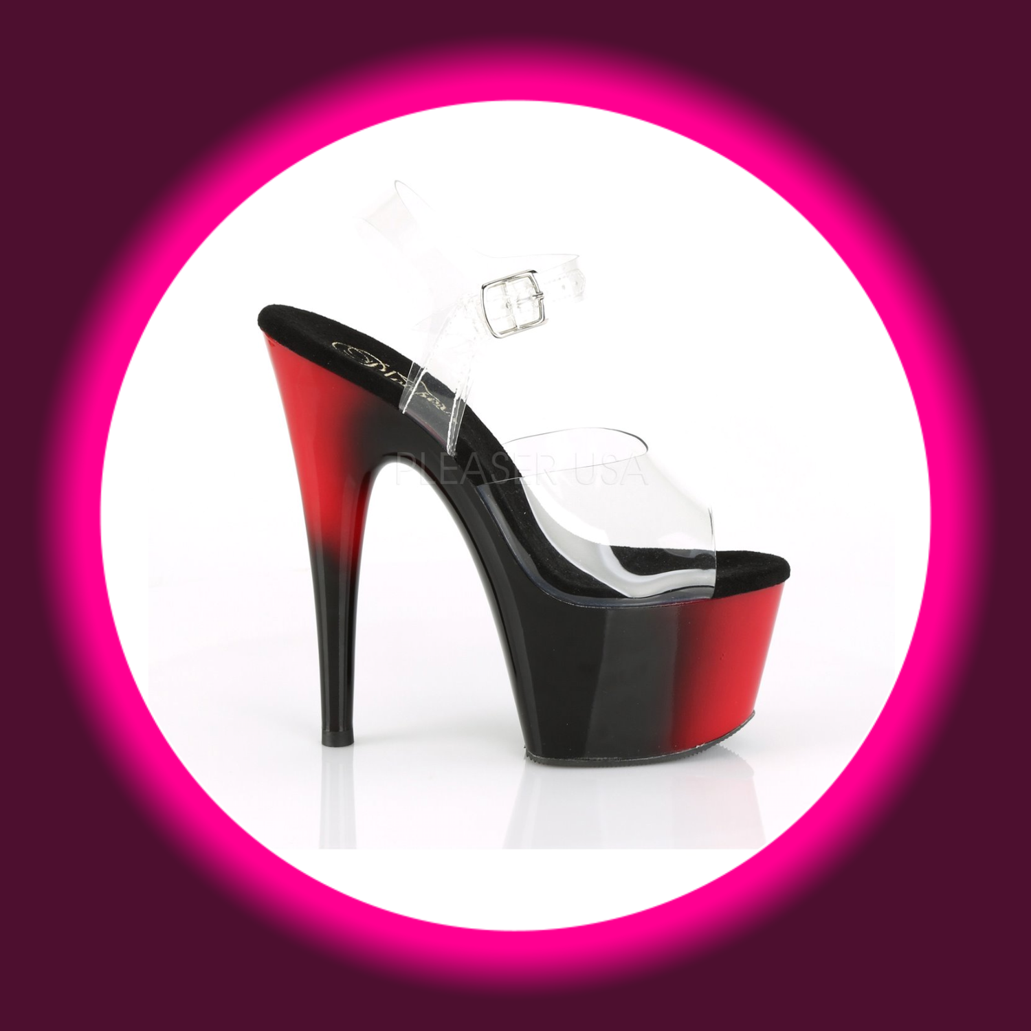 seitliche Ansicht schwarz rote Plateausandale mit transparenten Riemen und hohem Absatz, Pleaser Adore 708