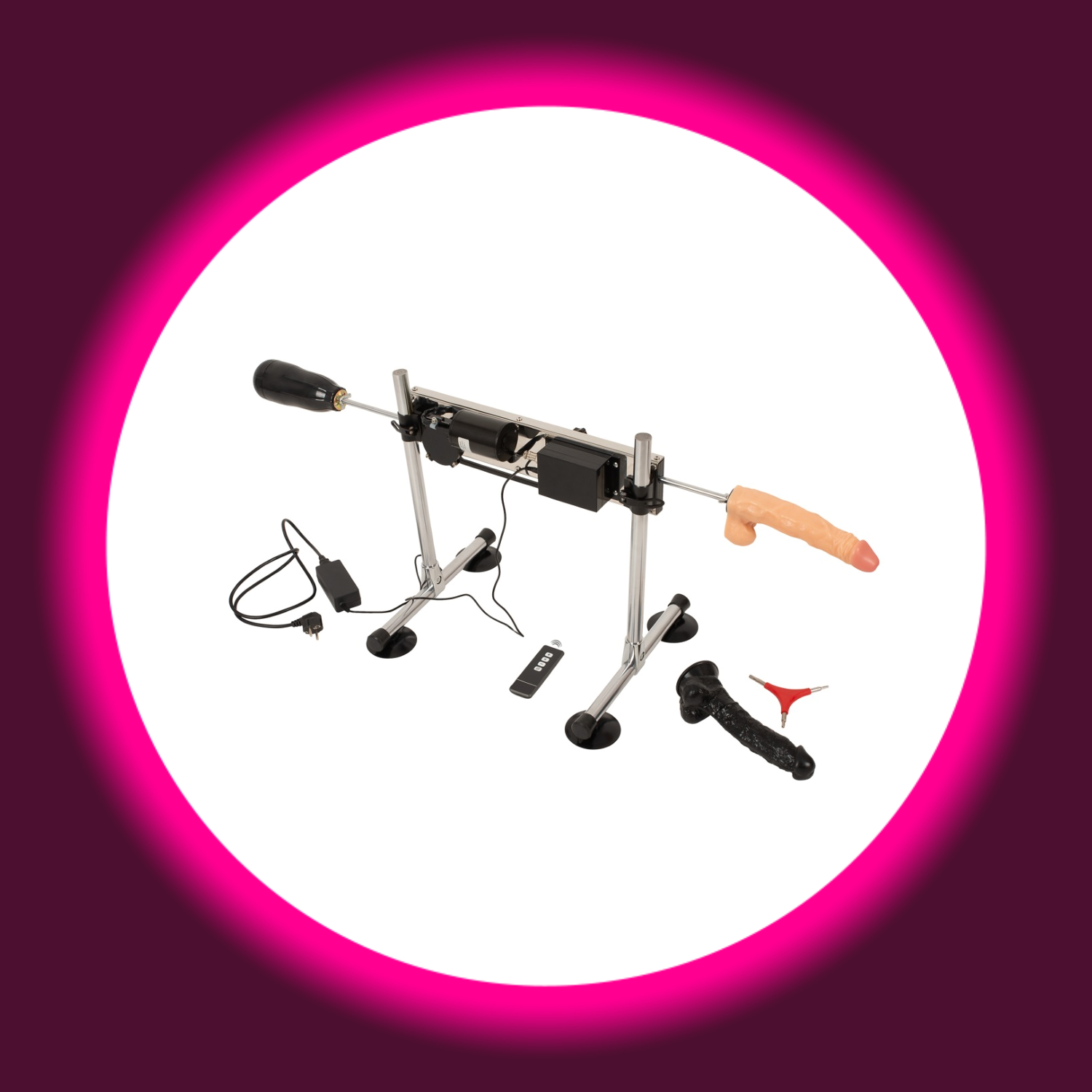 beidseitig benutzbare Sexmaschine mit daneben liegendem Zubehör, The Banger
