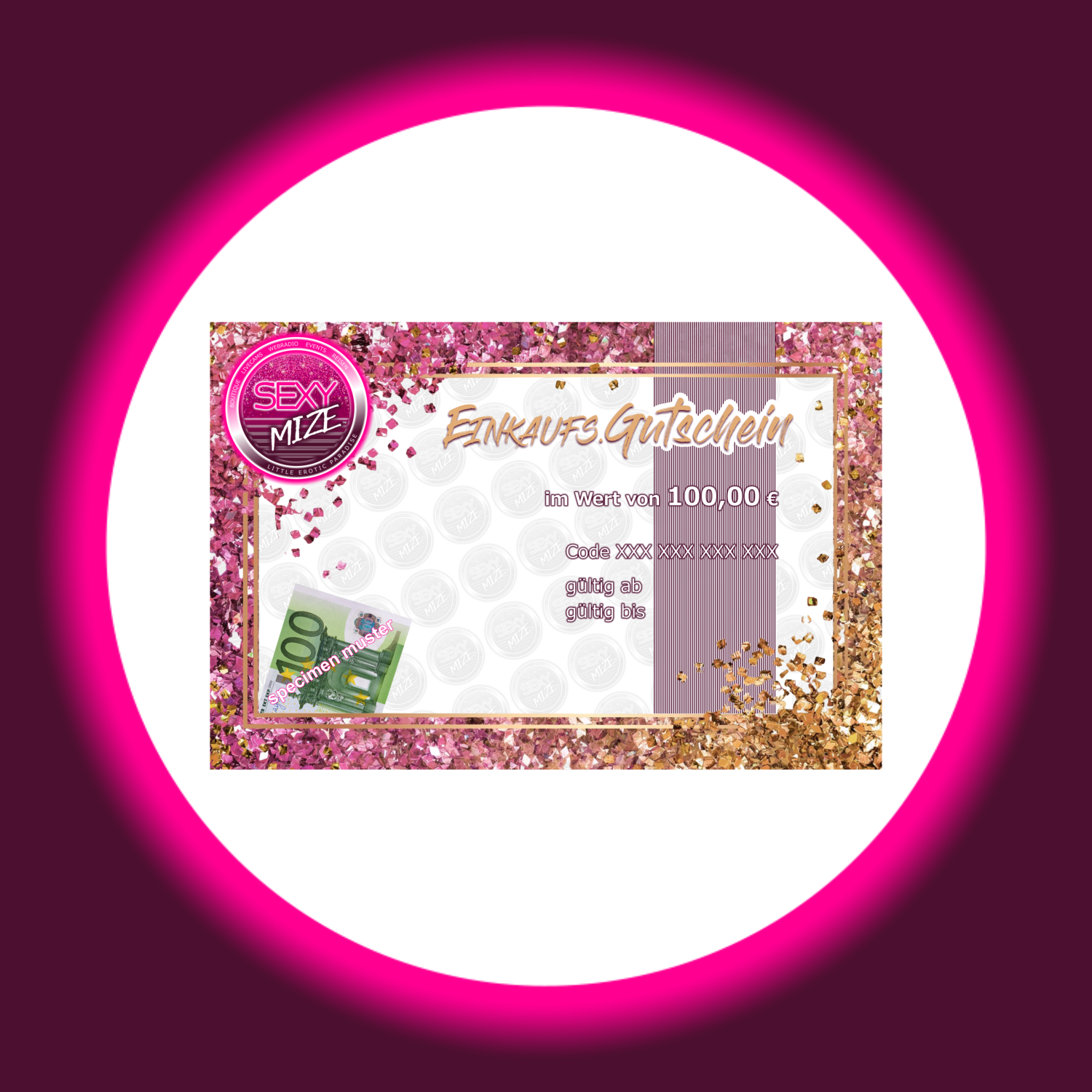 pink goldener rechteckiger Gutschein von Sexymize, mit Abbildung des Wertes 100 Euro
