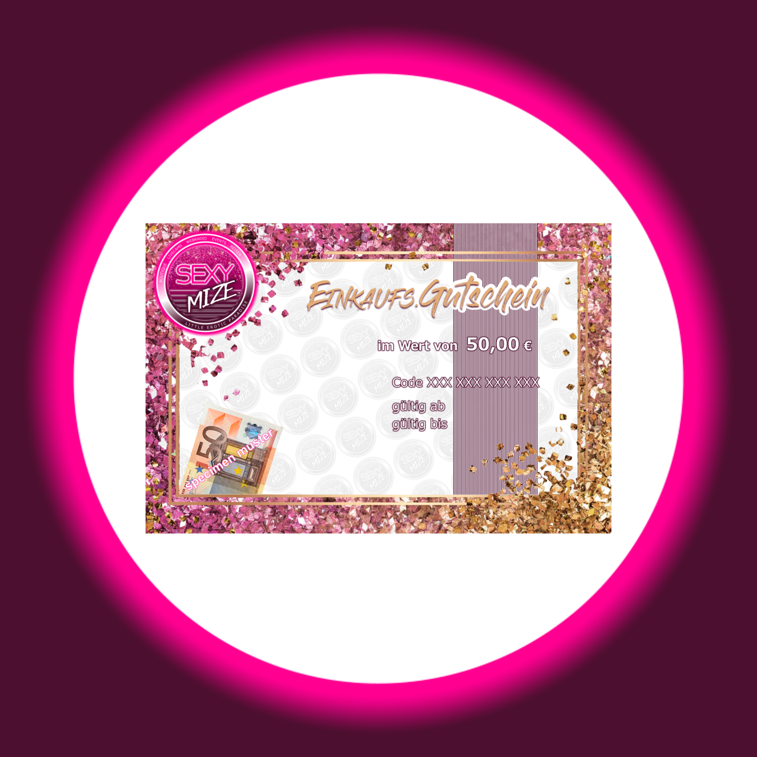 pink goldener rechteckiger Gutschein von Sexymize, mit Abbildung des Wertes 50 Euro