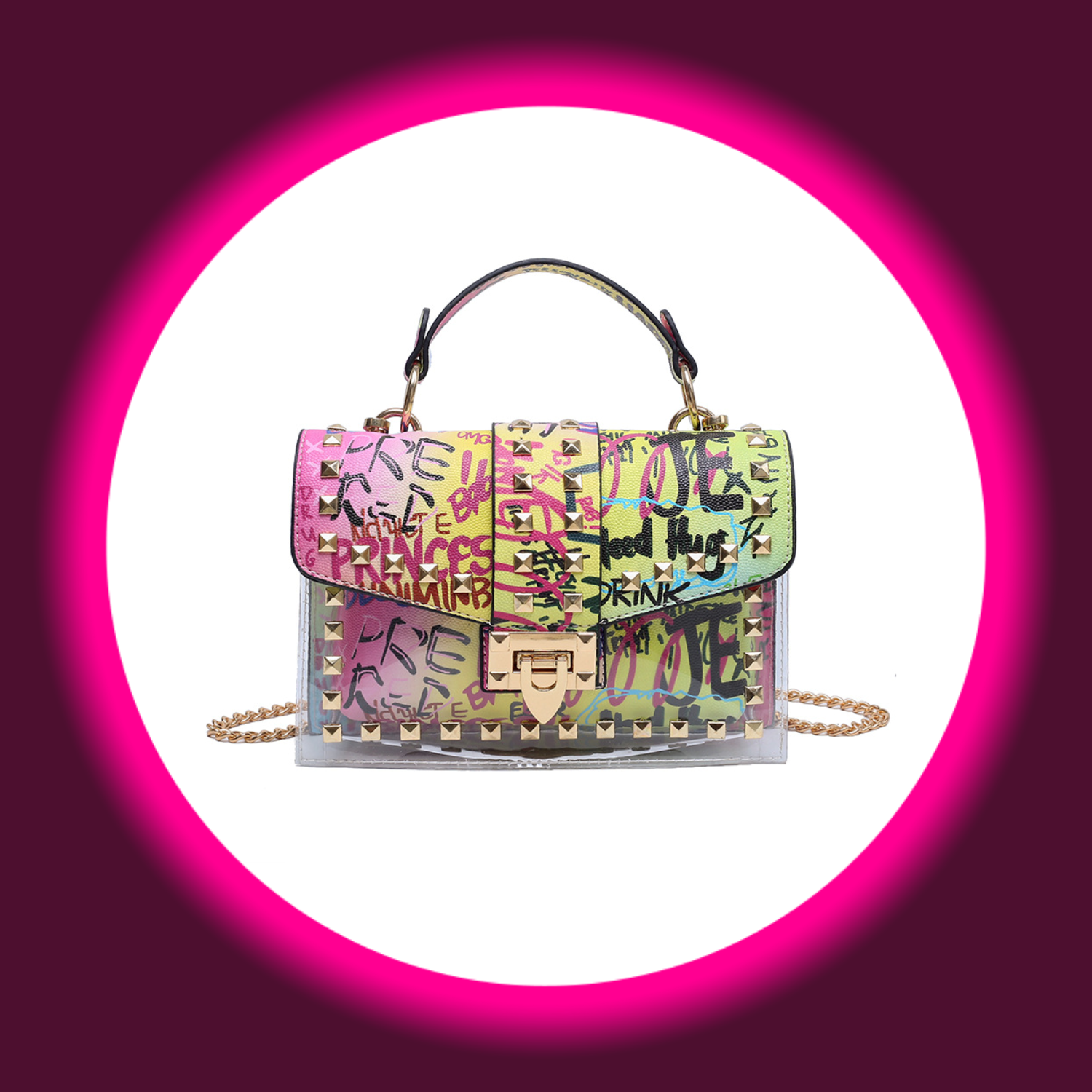Frontansicht bunte Handtasche mit Graffiti-Druck, Tragegriff und goldfarbenen Details, von Sexymize