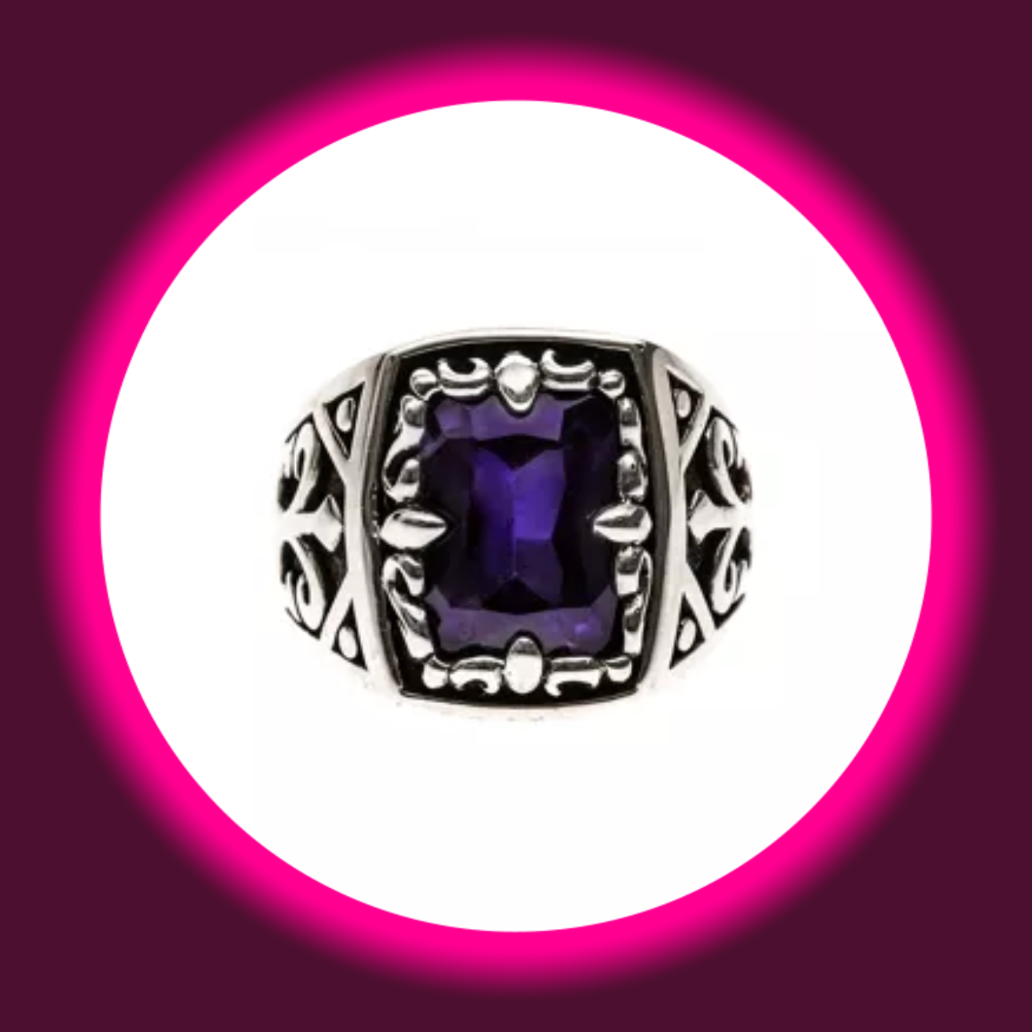 Frontansicht Siegelring aus 925 Sterling Silber mit violettem Zirkonia und königlichen Zeichen