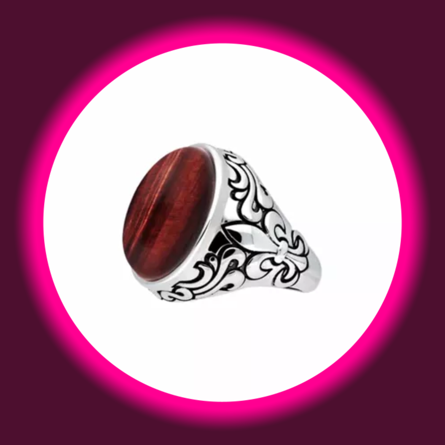 seitliche Ansicht breiter Siegelring 925 Sterling Silber mit rotem Tigerauge und königlichen Zeichen