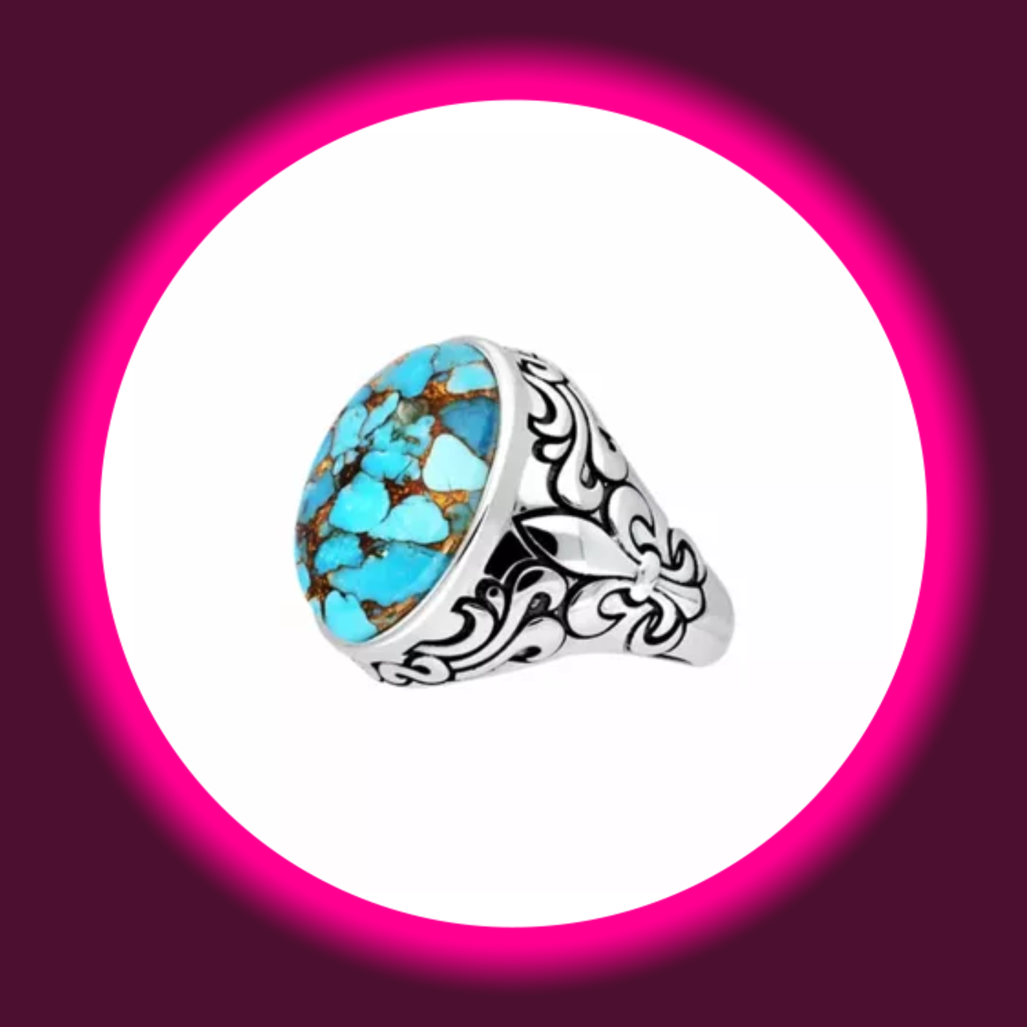 seitliche Ansicht breiter Siegelring 925 Sterling Silber mit türkisem Tigerauge und königlichen Zeichen